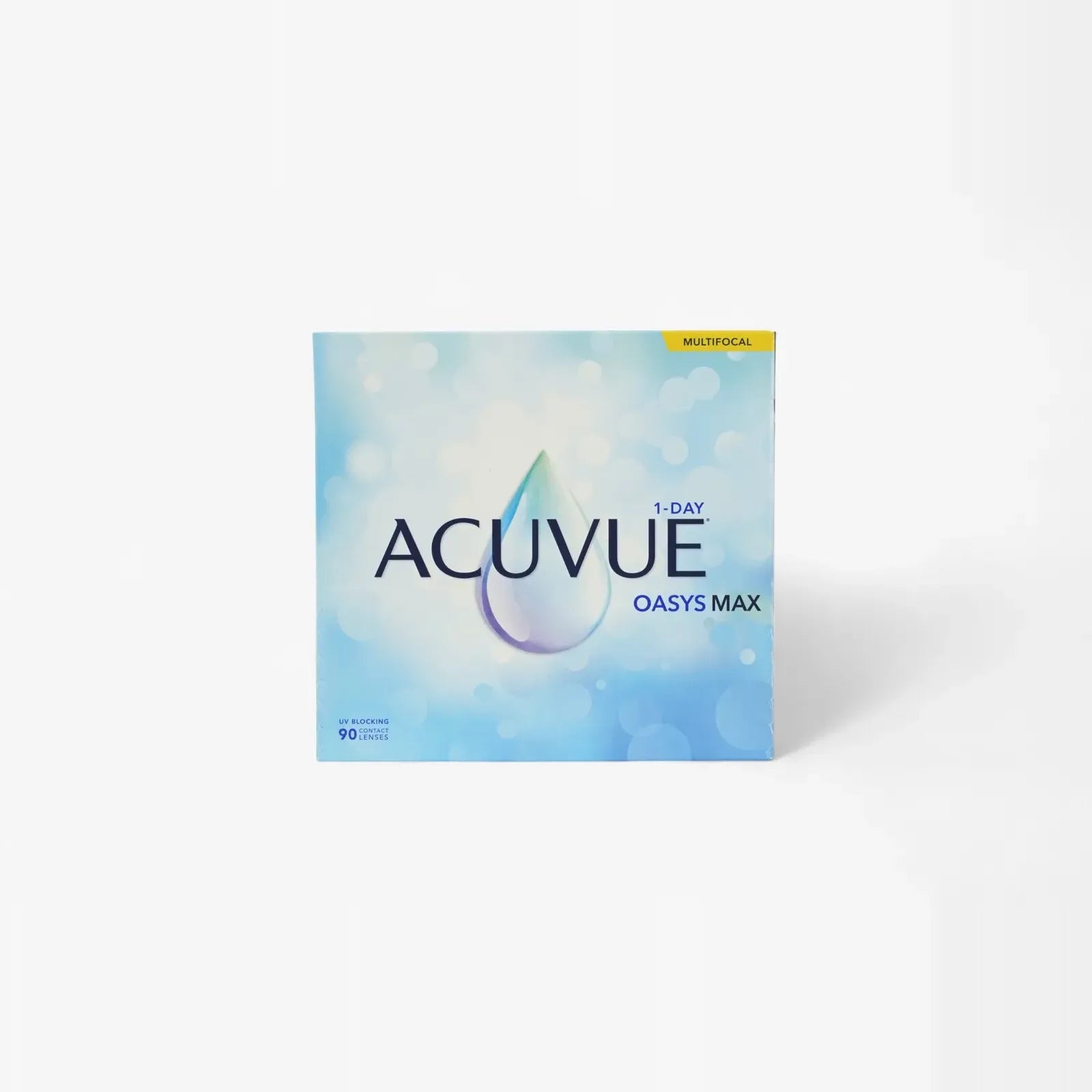A blue and white Acuvue Oasys 1 Day Max Mf - 90 Pk box for presbyopia displays a water droplet design and text showing it contains 90 multifocal contact lenses.