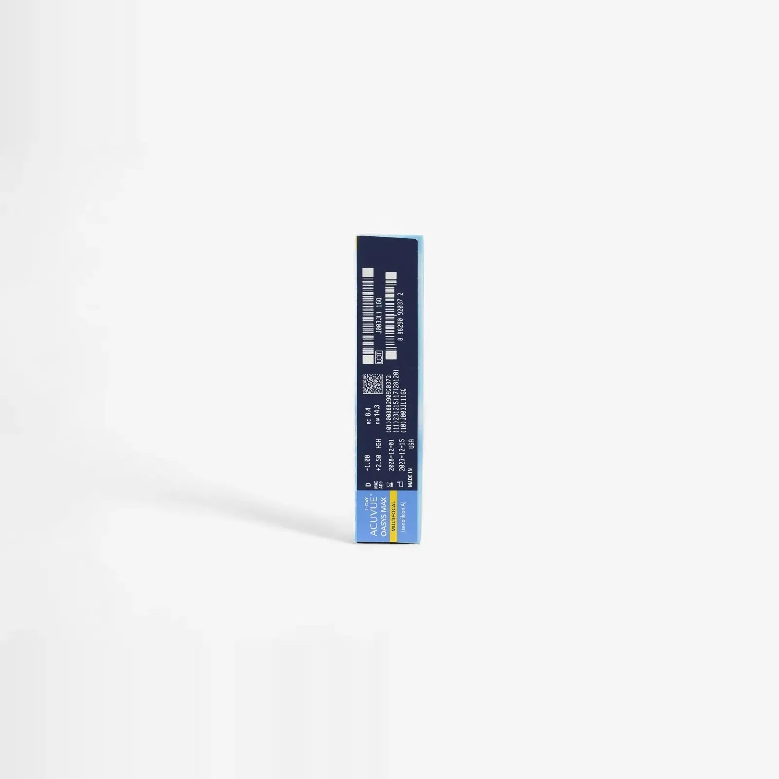 An upright blue and black Acuvue Oasys 1 Day Max Mf - 90 Pk box stands against a white background. The front features barcodes, white text, a QR code, and a light blue and yellow label for multifocal contact lenses.