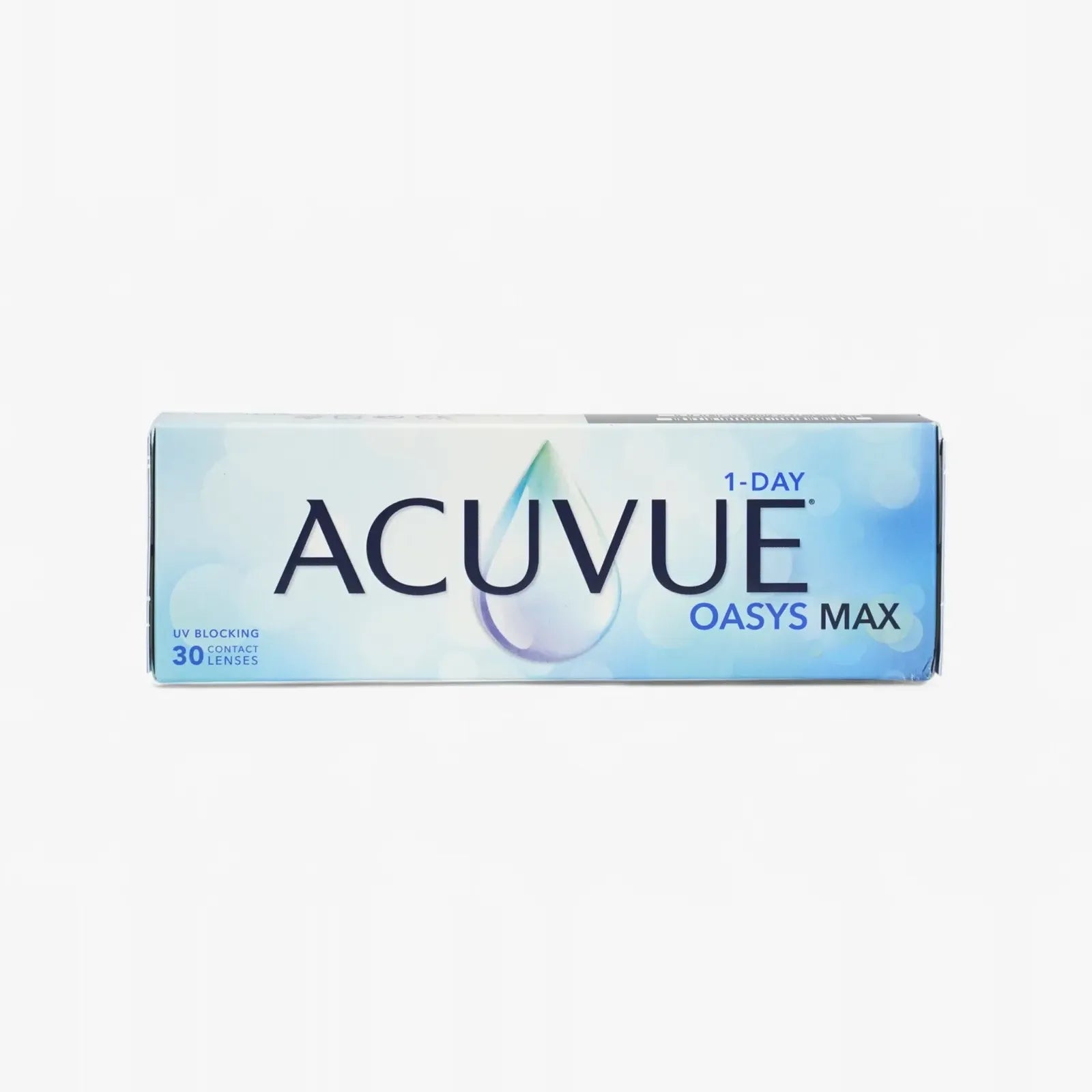 A rectangular box of Acuvue Oasys 1 Day Max Sphere 30 Pk 8.5 Bc lenses features a blue gradient background, water droplet graphic, and text highlighting UV blocking and includes 30 contact lenses.