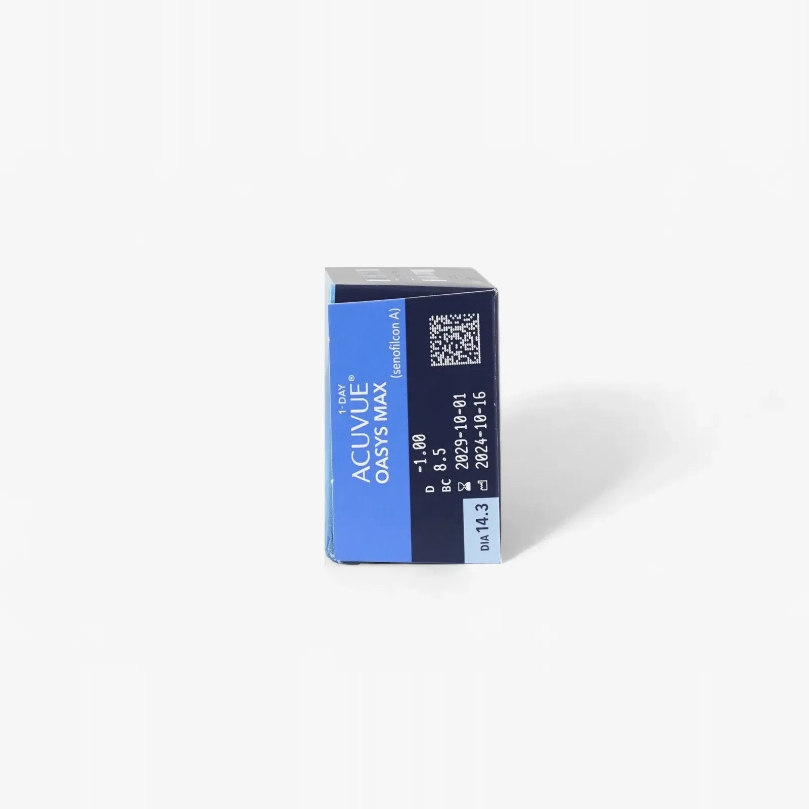 A blue box of Acuvue Oasys 1 Day Max Sphere 30 Pk 8.5 Bc contact lenses stands upright on a white background, displaying its label with prescription details and a QR code.