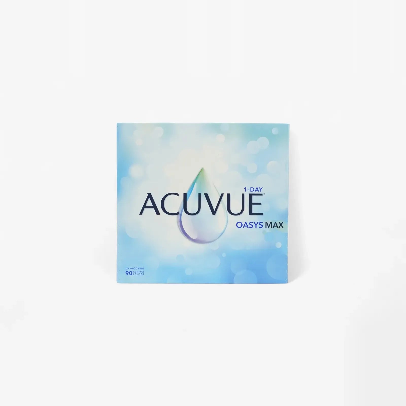 A blue and white box of Acuvue Oasys 1 Day Max Sphere - 90 Pk contact lenses is displayed against a white background, featuring a water droplet graphic and containing 90 lenses.