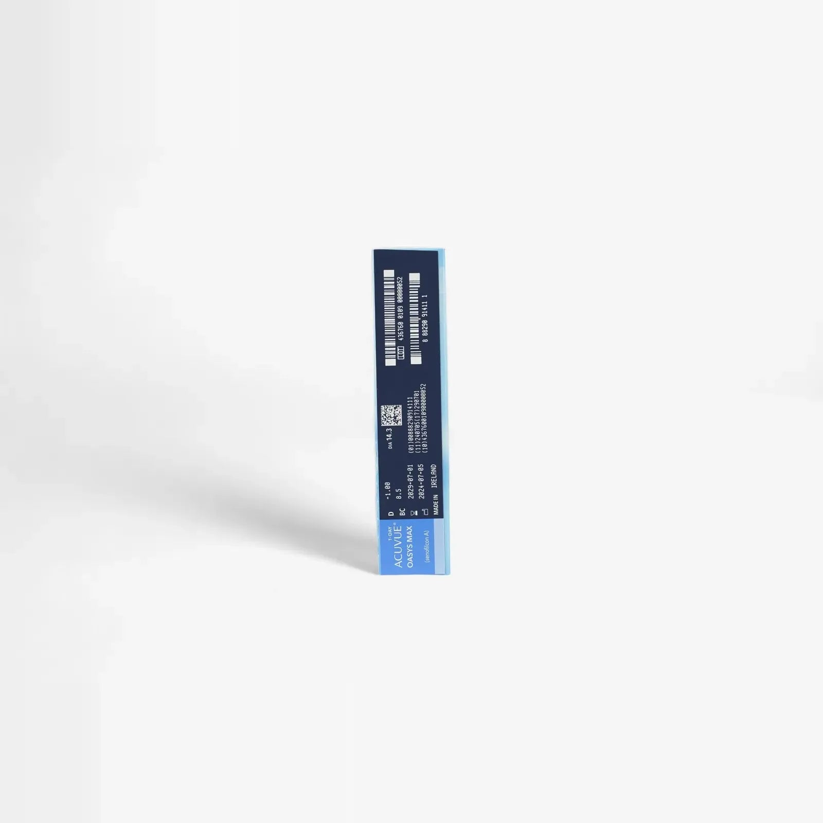 A rectangular box of Acuvue Oasys 1 Day Max Sphere (90 Pk) featuring a blue and dark blue design stands upright against a plain white background, with barcodes, text, and a QR code visible on one side.