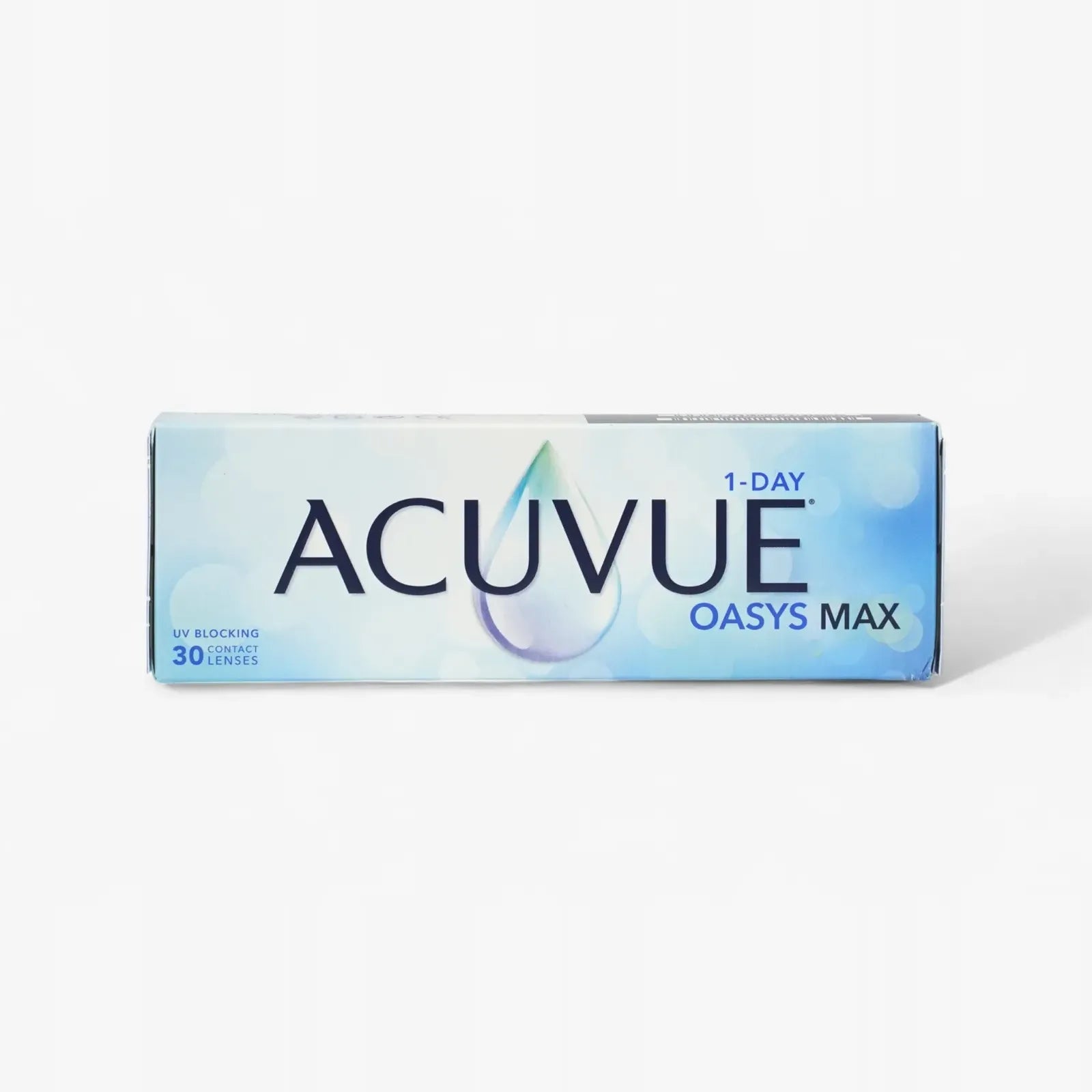 A rectangular box of Acuvue Oasys 1 Day Max Sphere 30 Pk 9.0 Bc features a blue gradient with a large water droplet design, contains 30 lenses, and highlights UV blocking on the front.