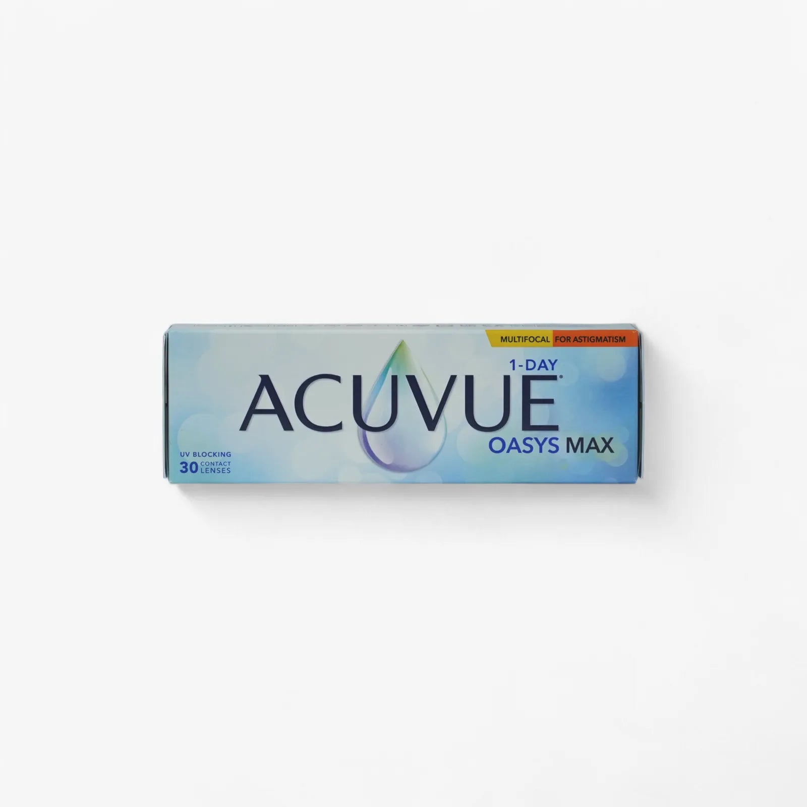 A 30-count box of Acuvue Oasys 1 Day Max Mf For Astig contact lenses, designed for astigmatism and presbyopia, comes in sleek blue and white gradient packaging.