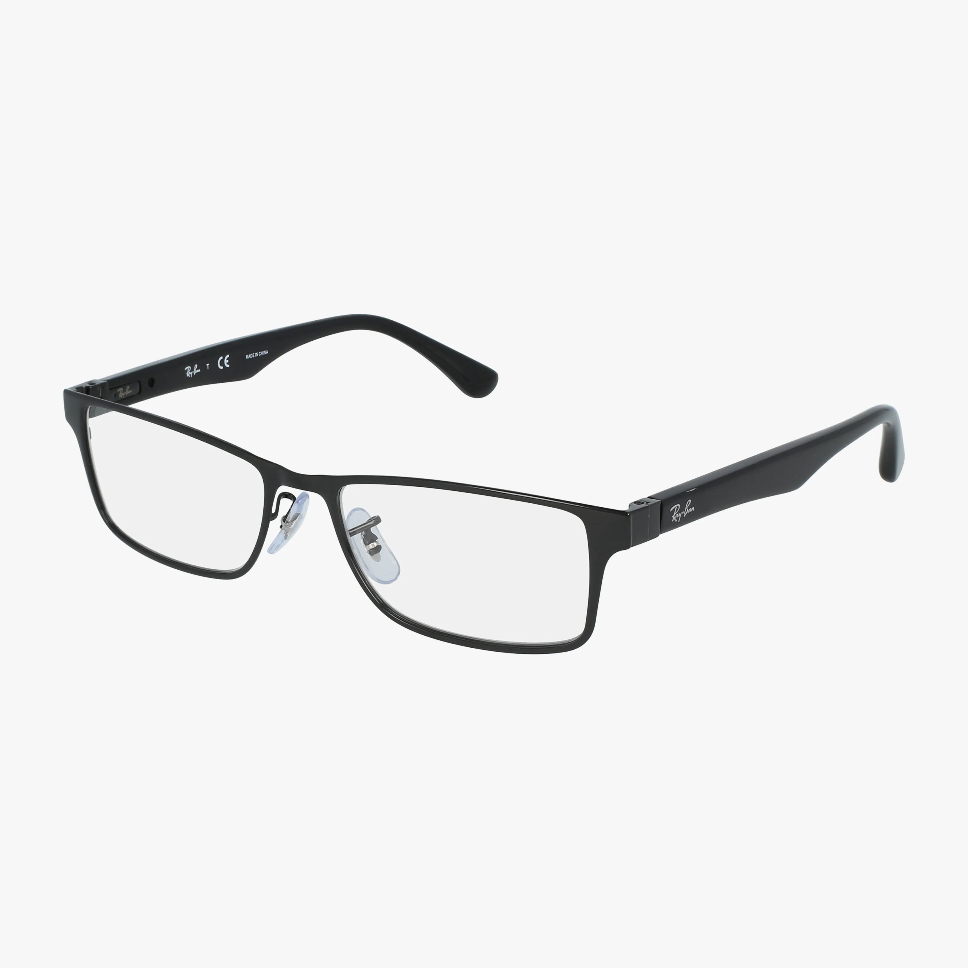 The Ray-Ban RX6238 eyeglasses feature a rectangular black frame with clear lenses, lightweight design, adjustable nose pads, and Ray-Ban branding on the temple and lens, shown as sleek modern eyewear against a white background.