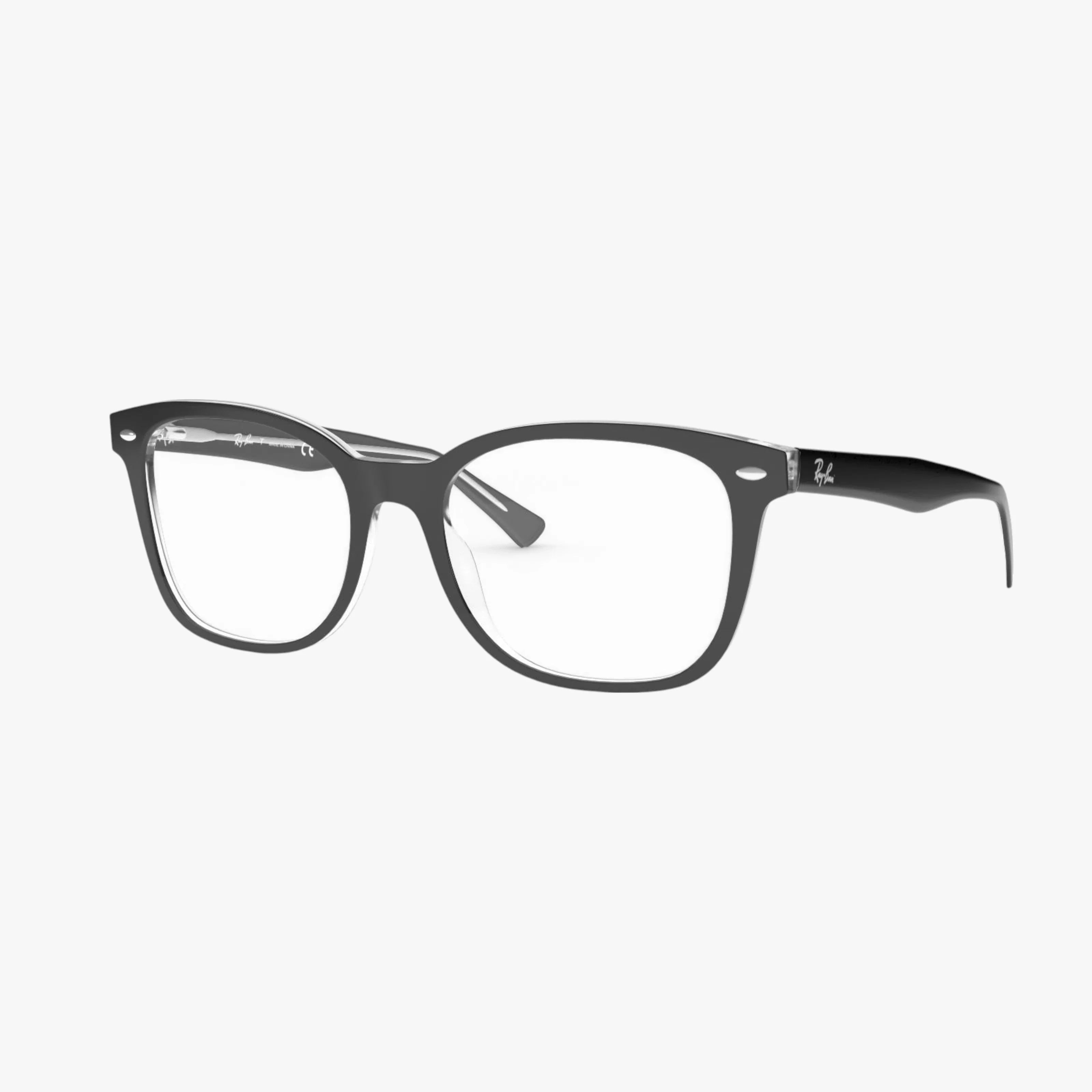 Ray-Ban RX5285 black rectangular eyeglasses feature clear lenses and thick, classic frames reminiscent of Wayfarers, displayed at an angle on a plain white background.