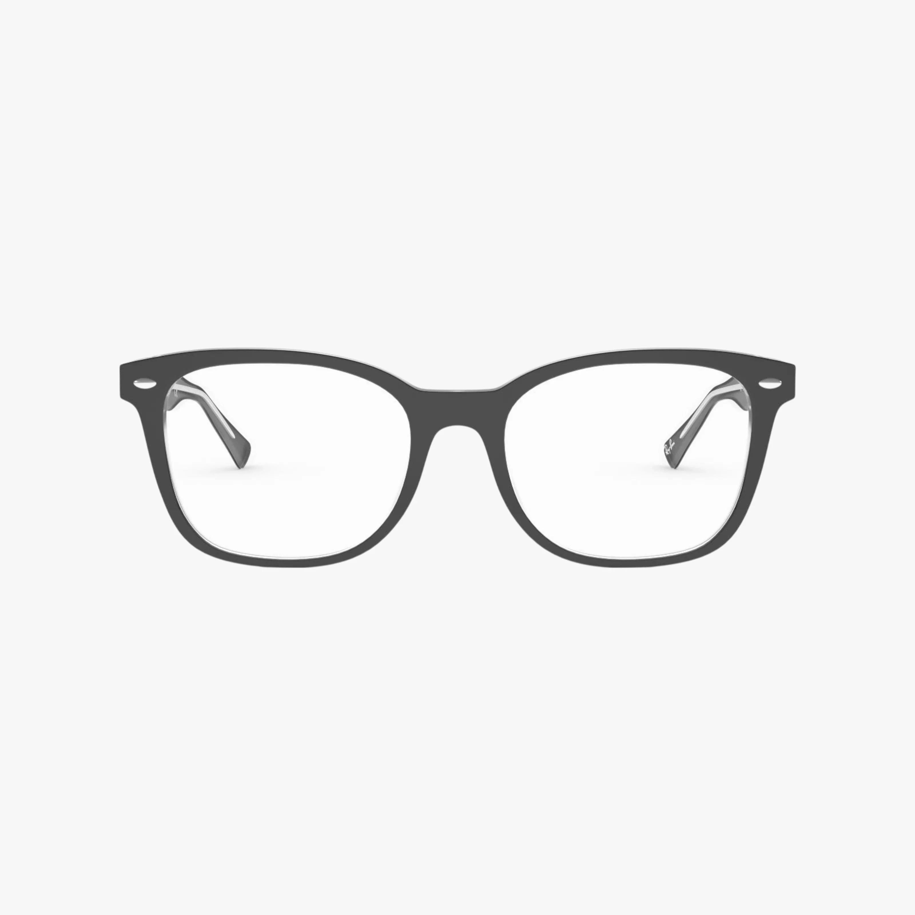 The Ray-Ban RX5285 features classic square frames with black rims and clear lenses, displayed from the front against a plain white background.