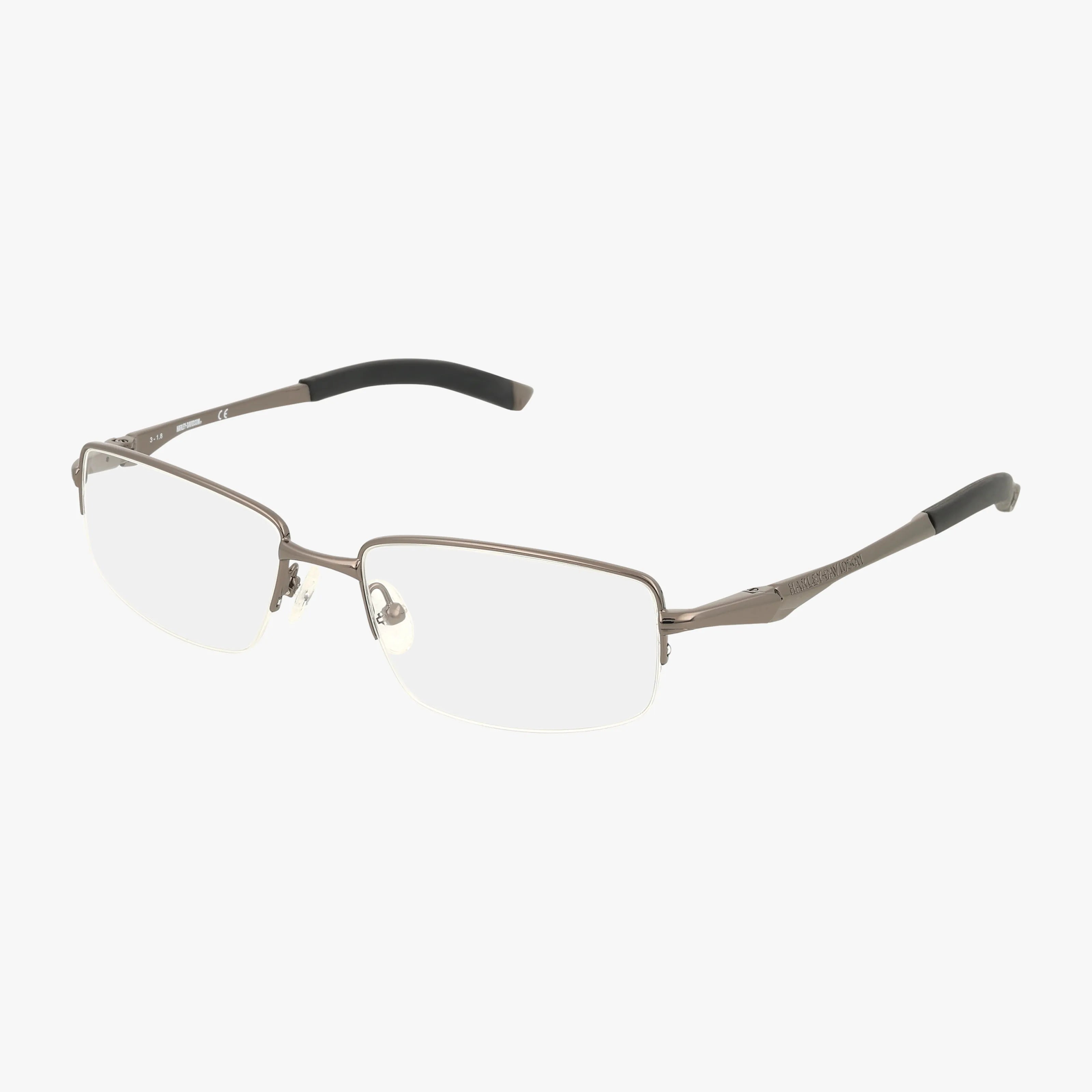 A pair of Harley Davidson HD0365 rectangular rimless eyeglasses with thin metallic frames and black-tipped arms, displayed on a plain white background.
