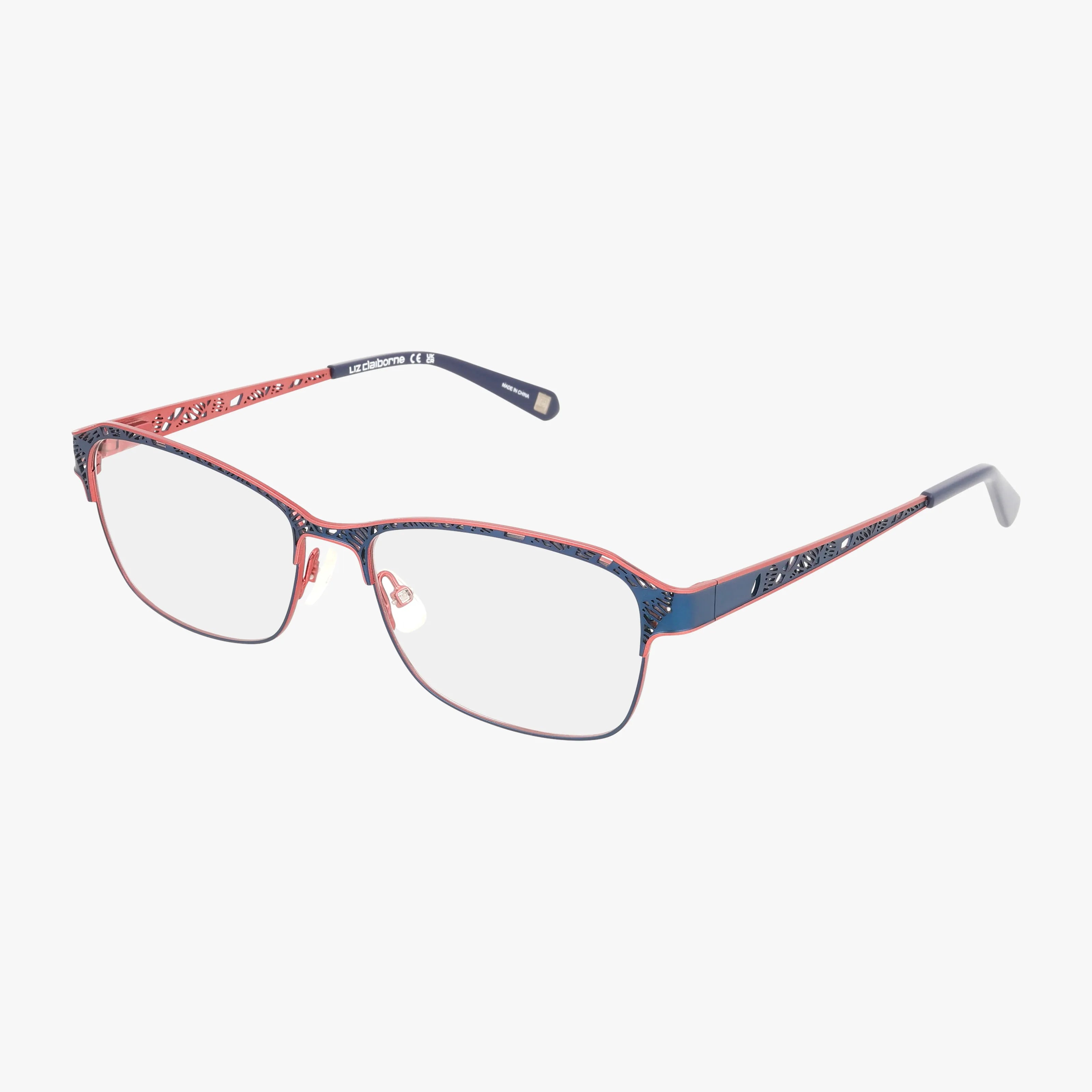The Liz Claiborne L655 features rectangular red and blue metal frames with an intricate temple pattern and clear nose pads. Displayed on a white background, these glasses include blue light lenses for added eye protection.