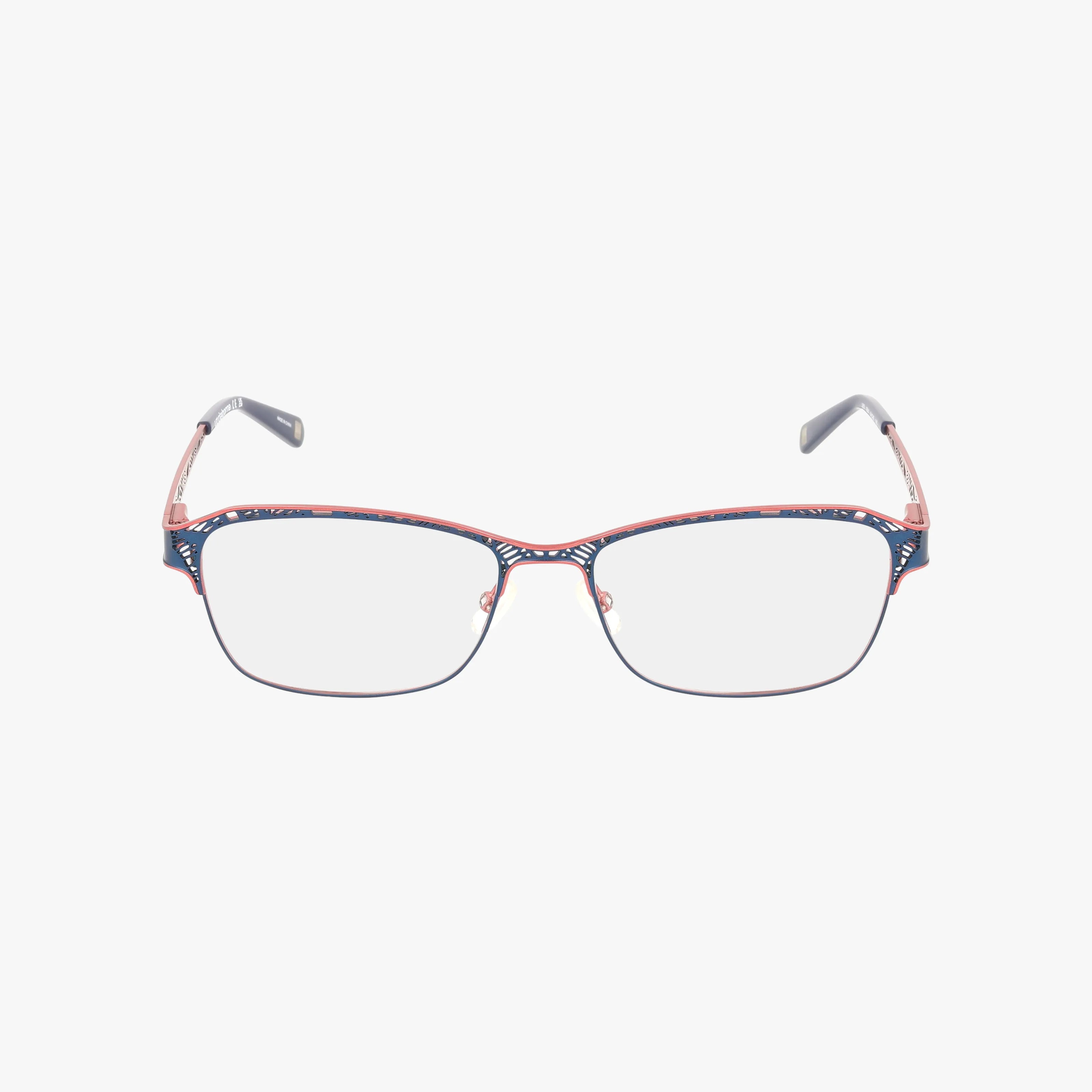 Front view of Liz Claiborne L655 eyewear featuring rectangular blue light lenses, thin lightweight metal frames in blue and pink, with patterned detailing on the rims and temples.