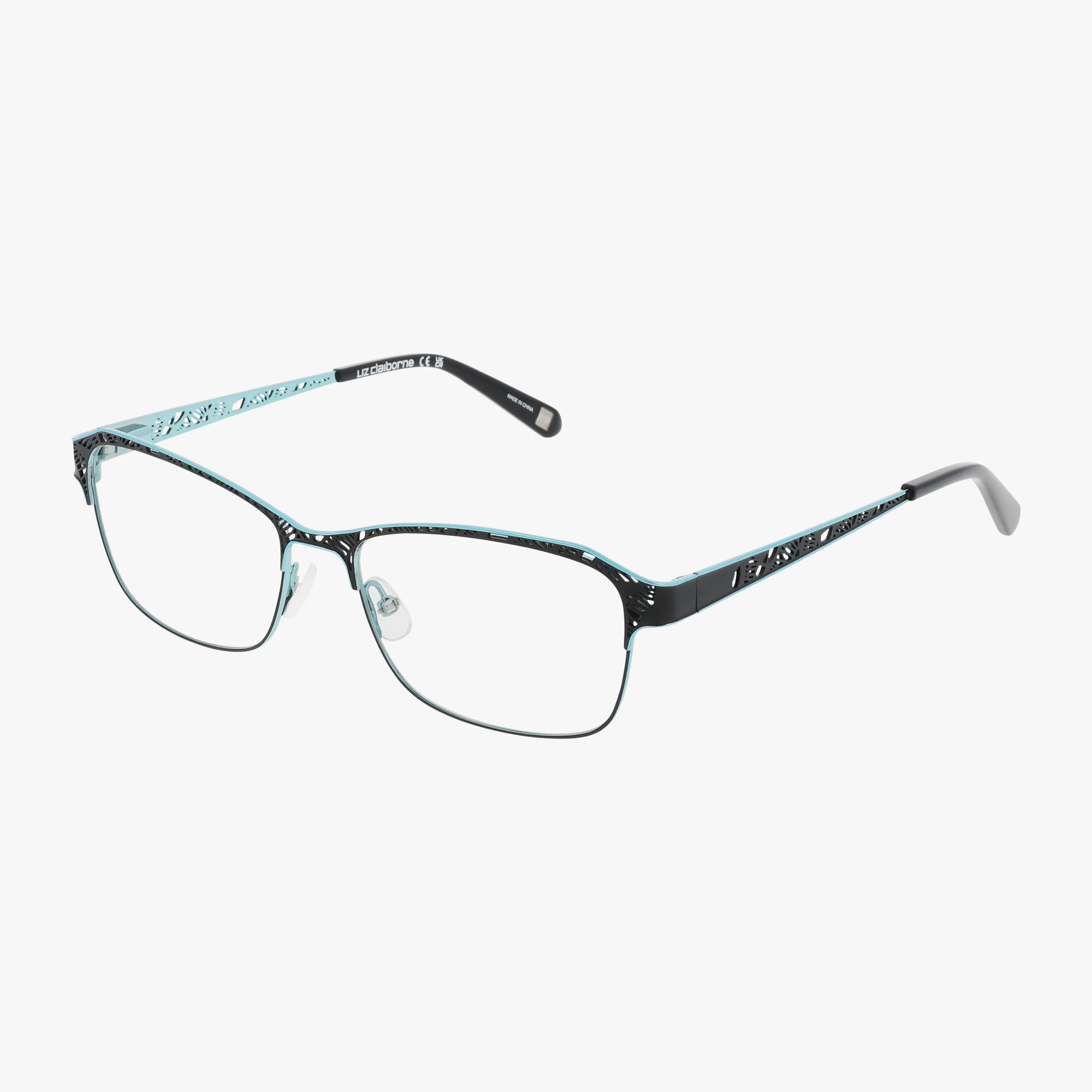 The Liz Claiborne L655 features a lightweight rectangular frame with thin black metal, turquoise-accented arms with decorative patterns, gray tips, clear lenses, and adjustable nose pads for comfort and style.