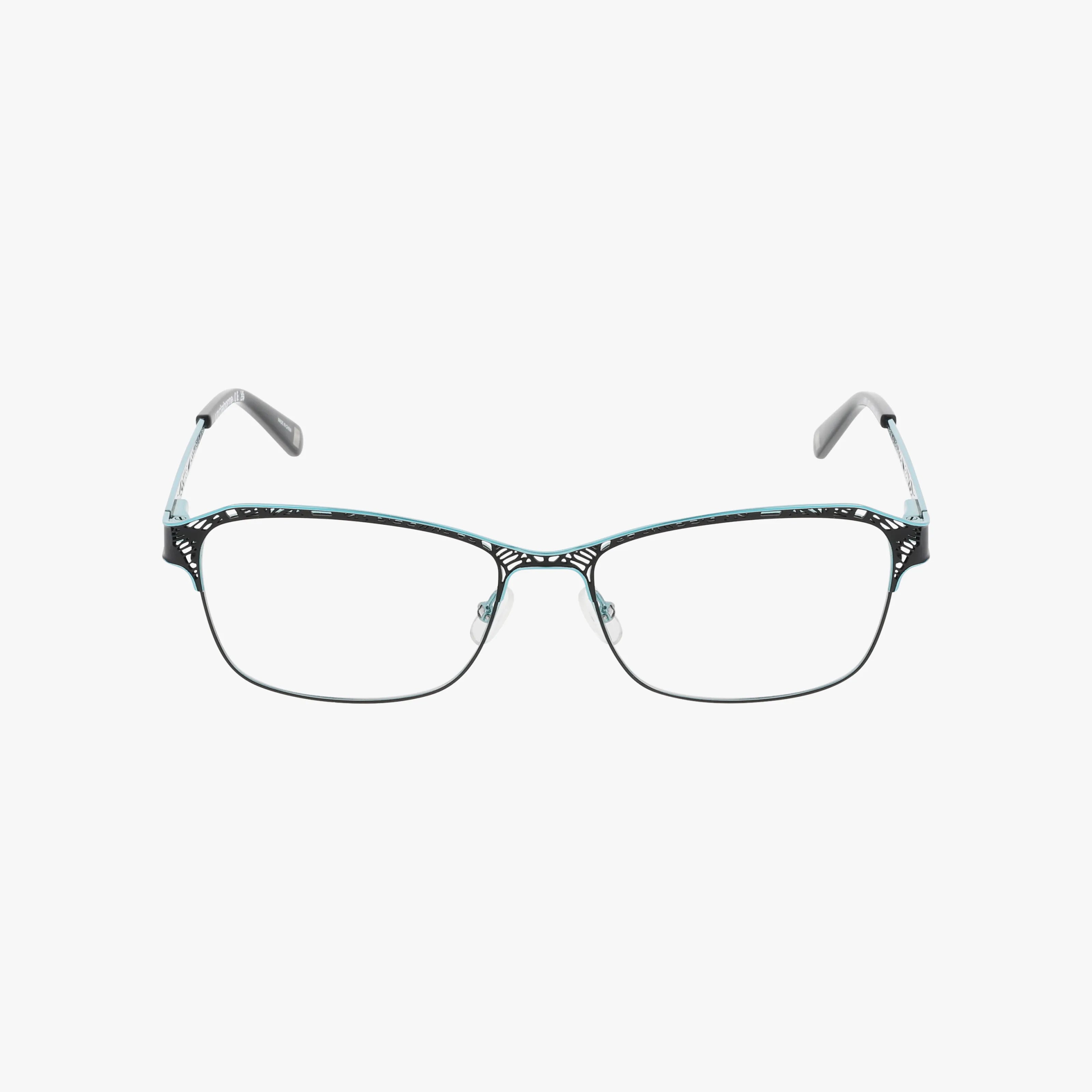 The Liz Claiborne L655 eyewear features a lightweight frame with thin black rectangular rims and light blue and white patterns on the upper rims and arms, displayed against a plain white background.