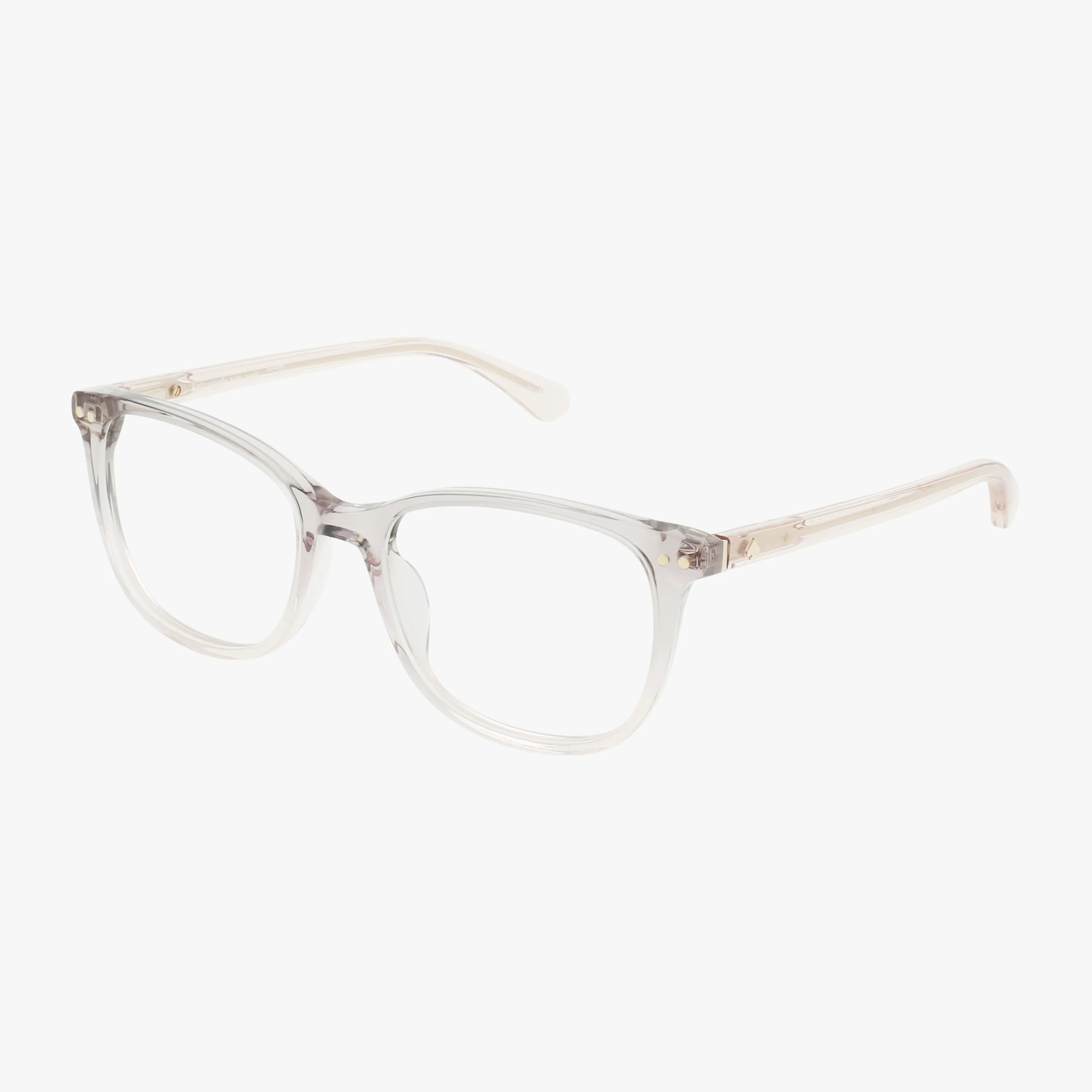 The Kate Spade JOLIET eyeglasses feature clear acetate with slightly rounded rectangular frames and thin, light-colored temples, combining distinct style and functionality on a white background.