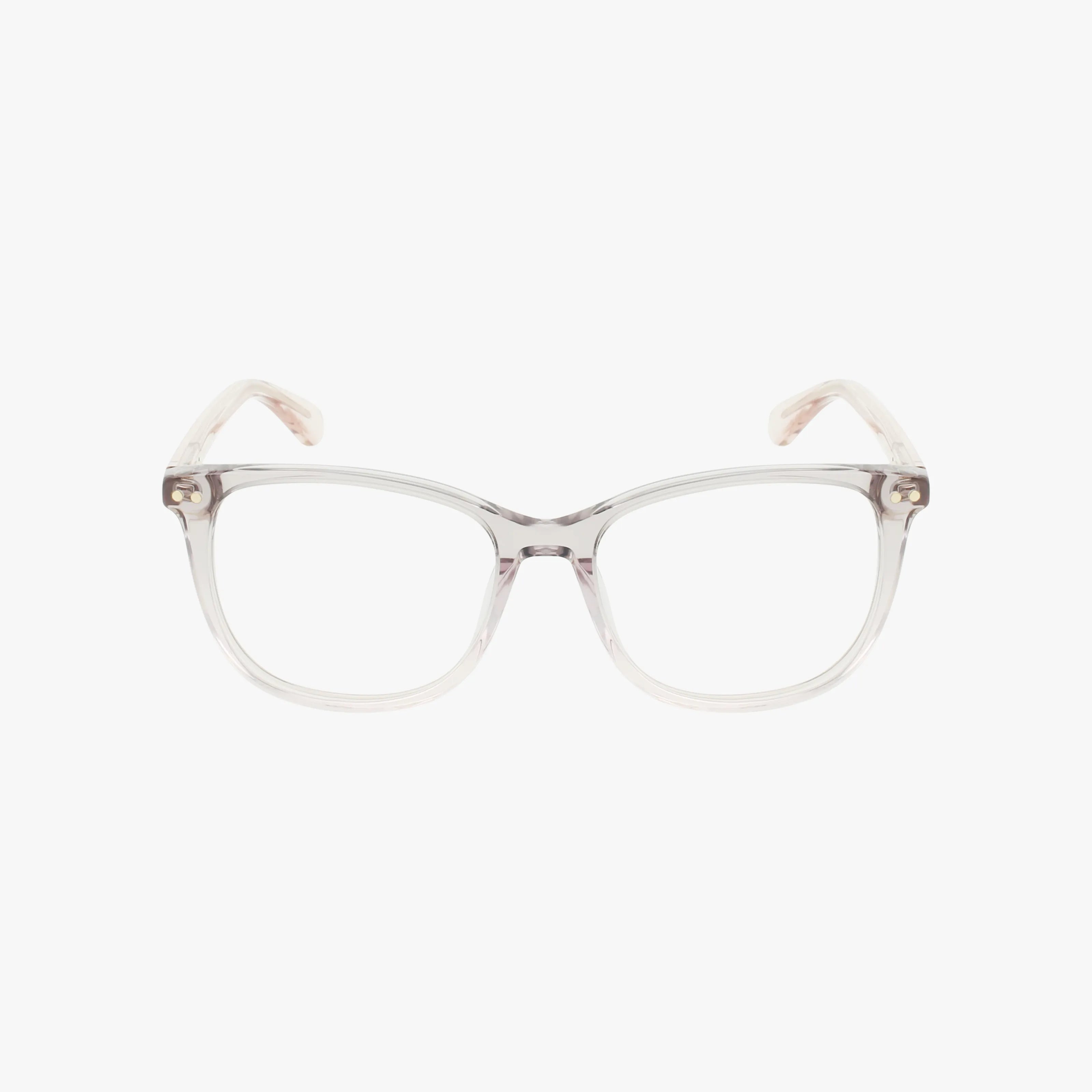 The JOLIET eyeglasses by Kate Spade feature clear, translucent rectangular frames and are shown facing forward on a white background, highlighting their unique style and functional design.