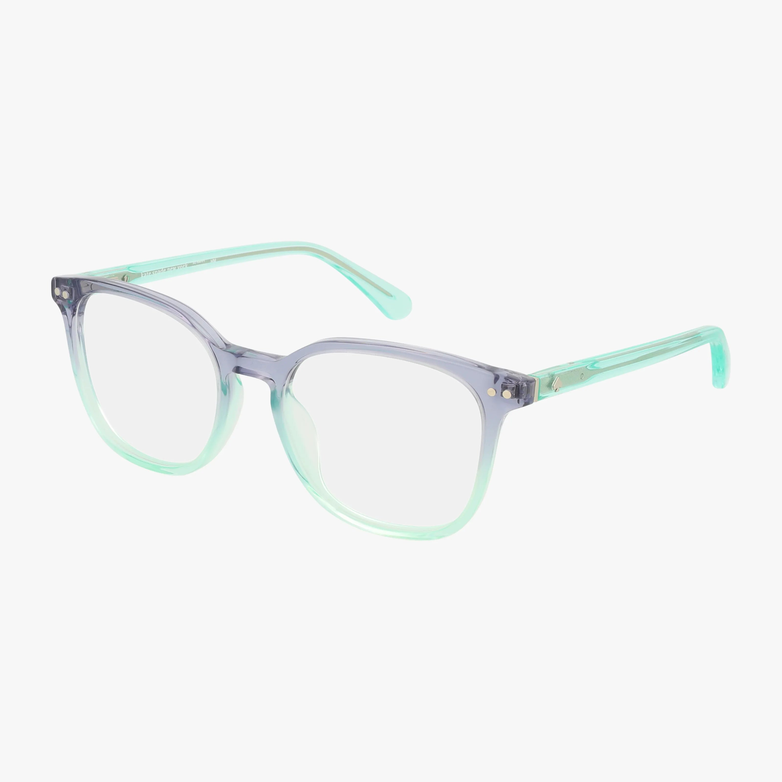 Kate Spade HERMIONE/G eyeglasses feature a refined frame with a gradient fade from light purple at the top to mint green at the bottom, displayed on a white background.