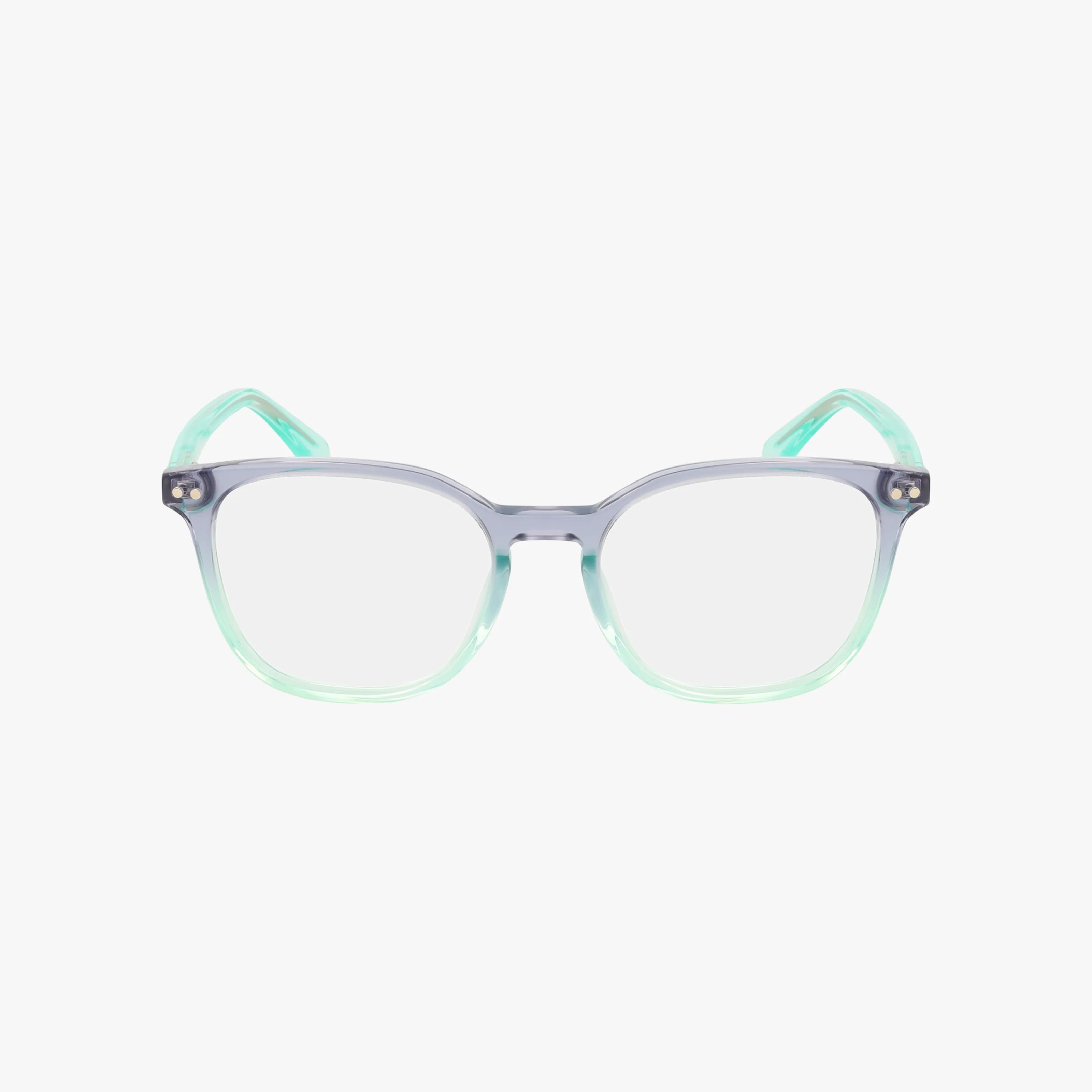 The HERMIONE/G by Kate Spade features refined eyeglass frames with a transparent design, fading from light gray to light green, set against a plain white background—a touch of elegance for your eyewear collection.