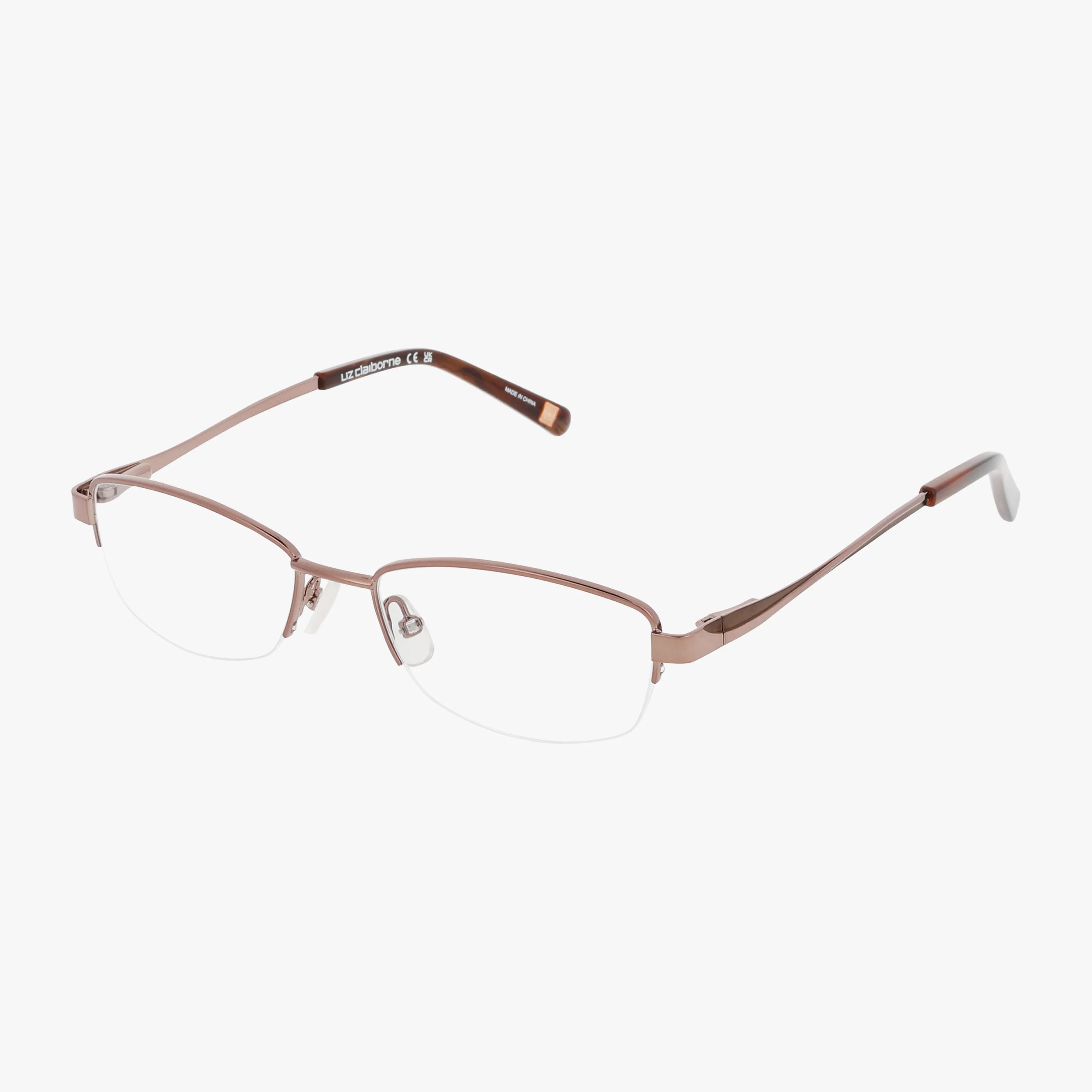 The Liz Claiborne L460 eyeglasses feature semi-rimless rose gold metal frames, blue light lenses, clear nose pads, and slim arms with plastic tips—ideal for stylish daily wear—shown on a white background.