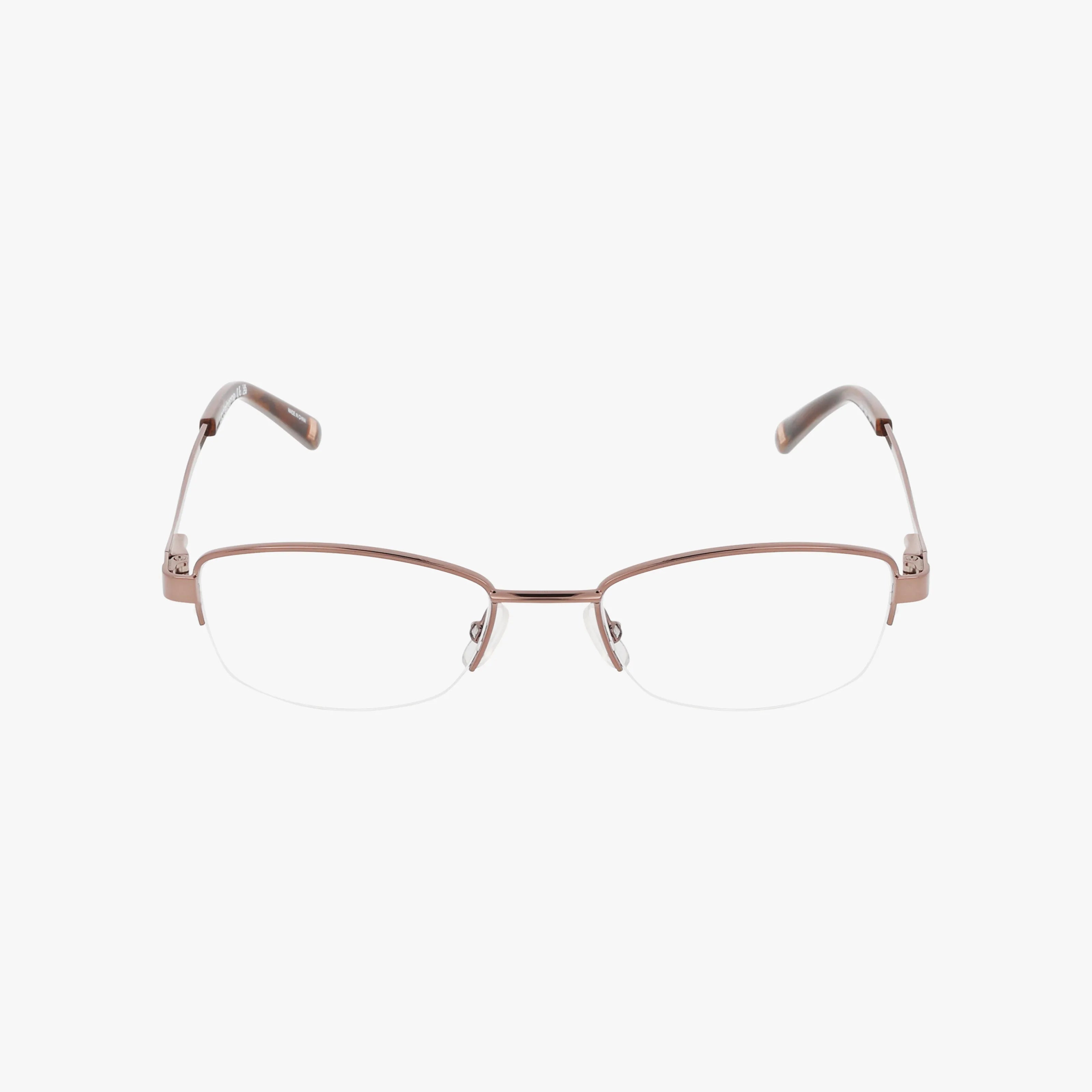 The Liz Claiborne L460 eyeglasses feature brown semi-rimless thin metal frames and clear plastic earpieces, offering a durable, stylish choice for daily wear, shown on a plain white background.