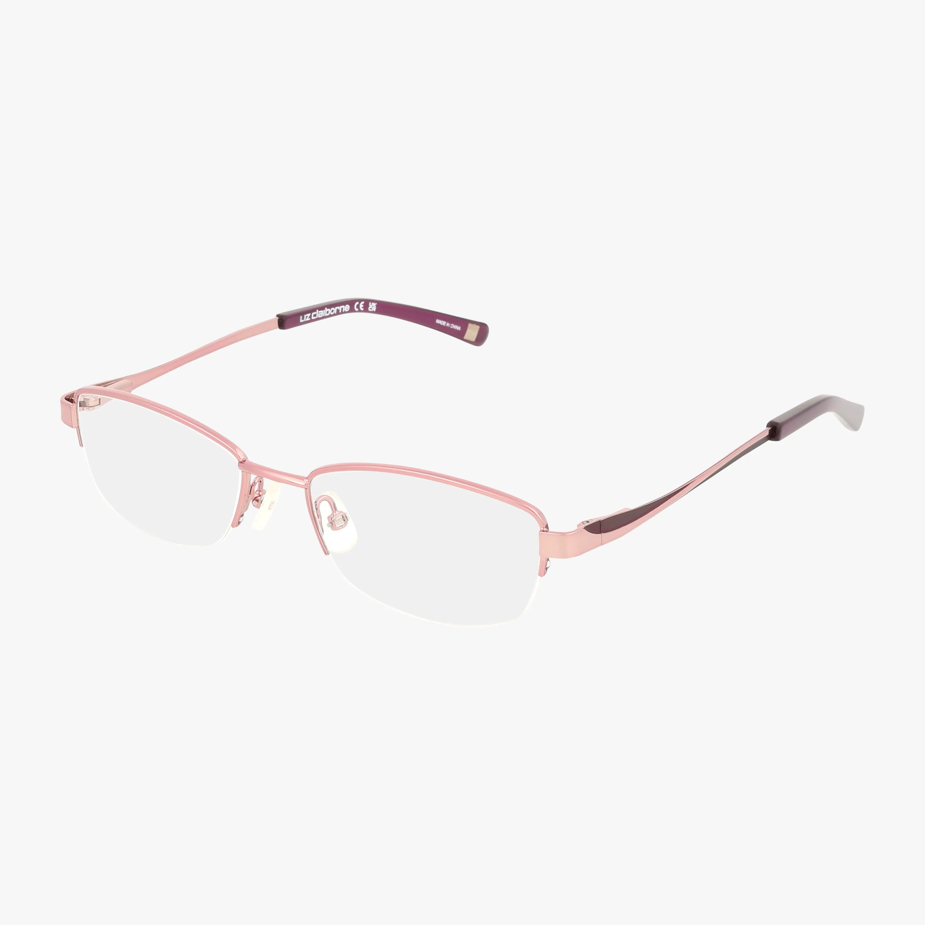 The Liz Claiborne L460 features a semi-rimless, durable rose gold frame with adjustable nose pads and purple-tipped arms—perfect for stylish daily wear—shown on a white background.