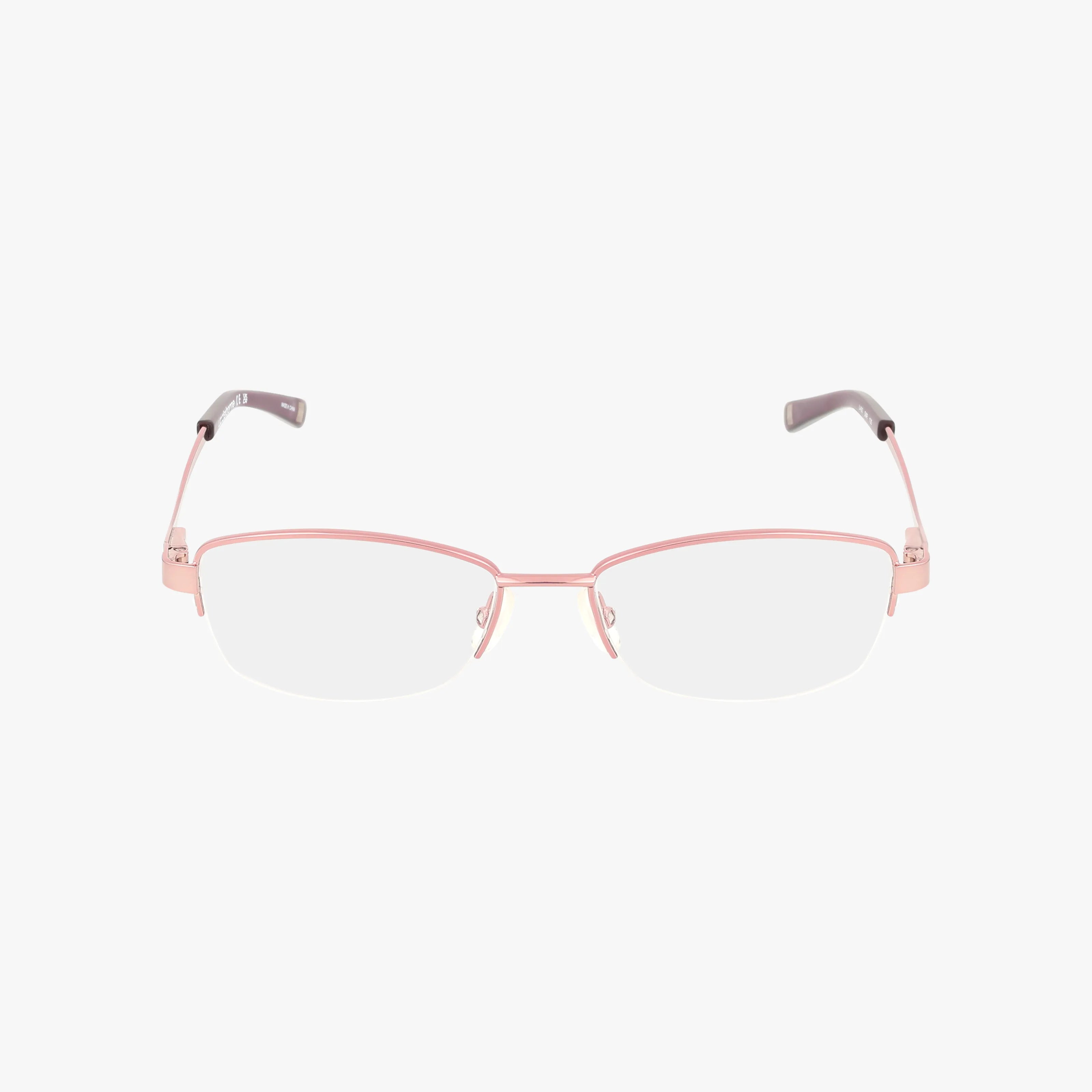 Liz Claiborne L460 semi-rimless eyeglasses feature a durable light pink metal frame, grayish temple tips, and clear lenses—stylish and perfect for daily wear, shown against a plain white background.