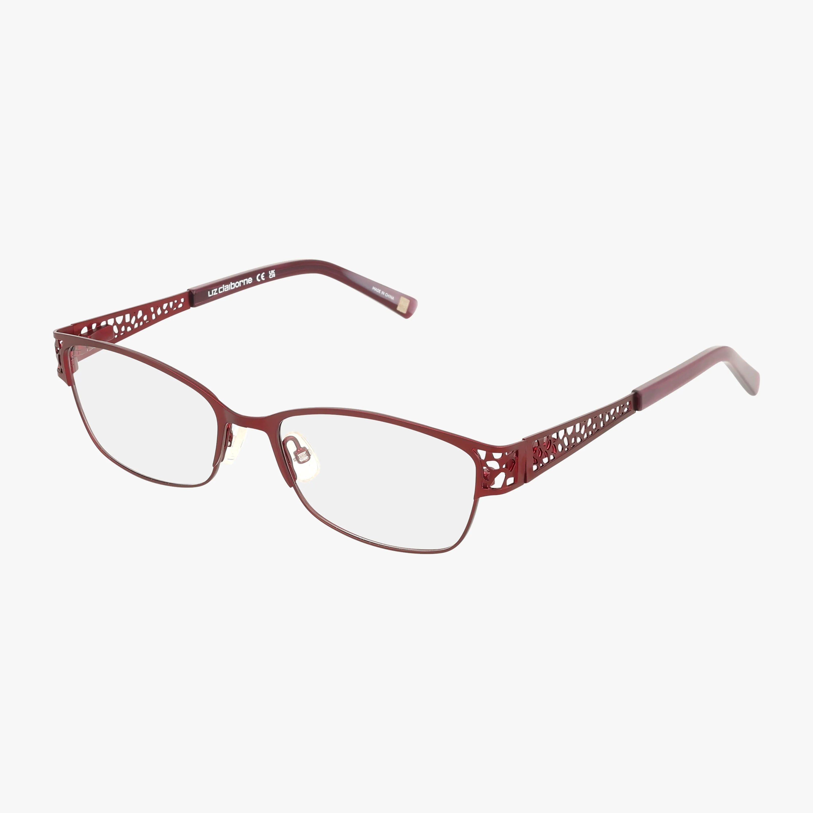 Purple rectangular Liz Claiborne L663 eyeglasses with a stylish frame and metal cut-out arm designs, featuring clear lenses—ideal for online shopping lovers. Shown on a white background.
