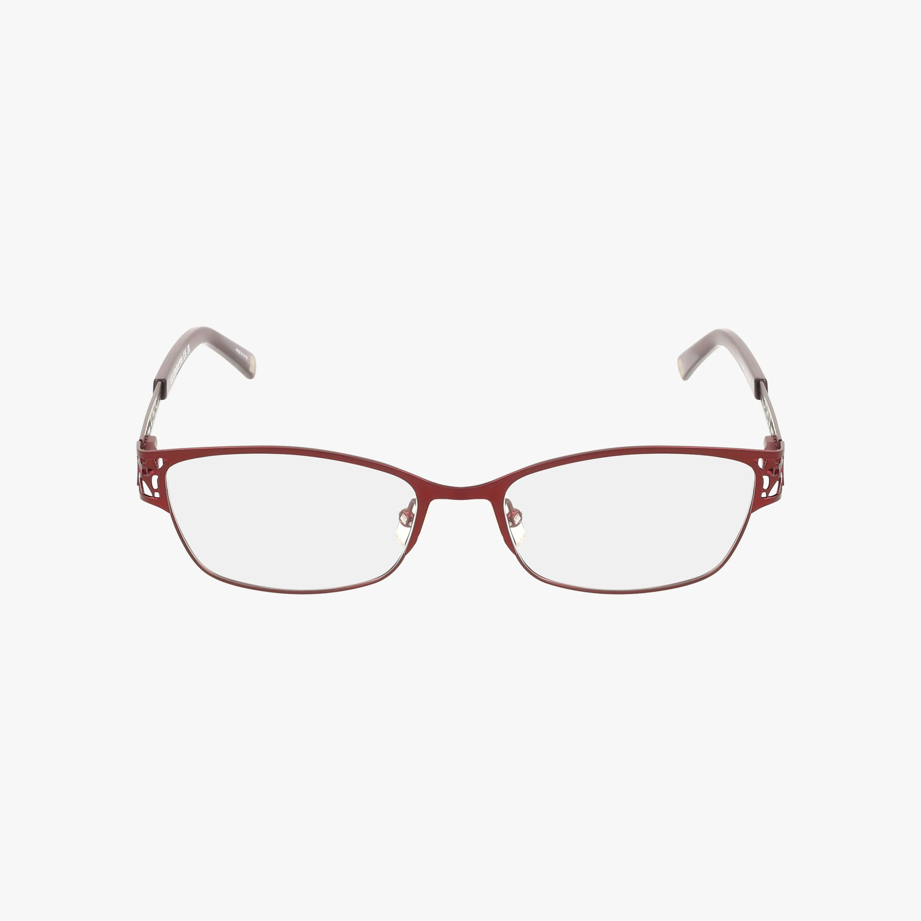The Liz Claiborne L663 features red-rimmed rectangular lenses, a stylish thin metal frame, and decorative hinge cutouts—perfect for online shopping, showcased on a white background.