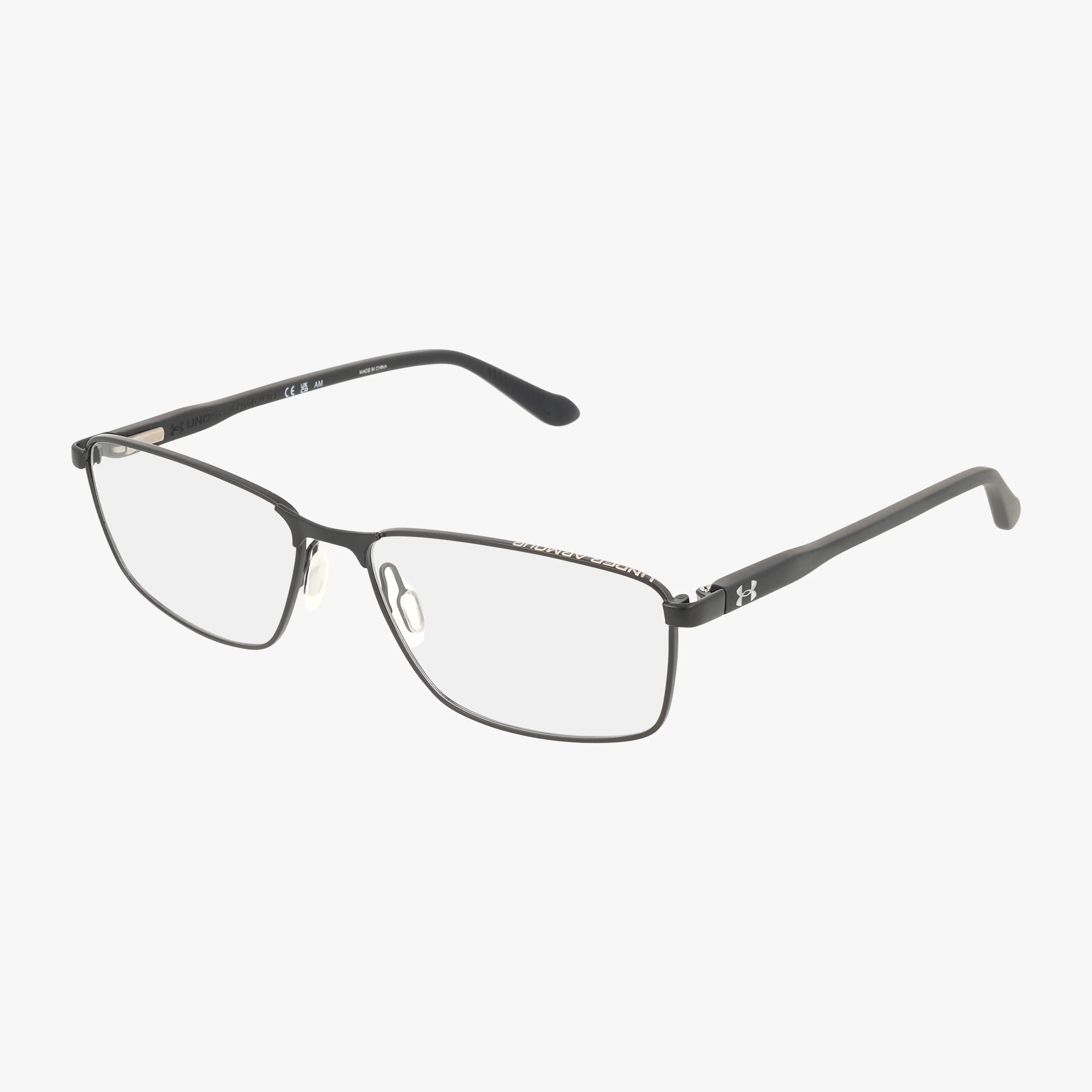 The Under Armour UA 5034/G eyeglasses feature a black matte rectangular frame, minimalist thin metal construction, clear lenses, adjustable nose pads, and slightly curved temple arms, displayed on a white background.