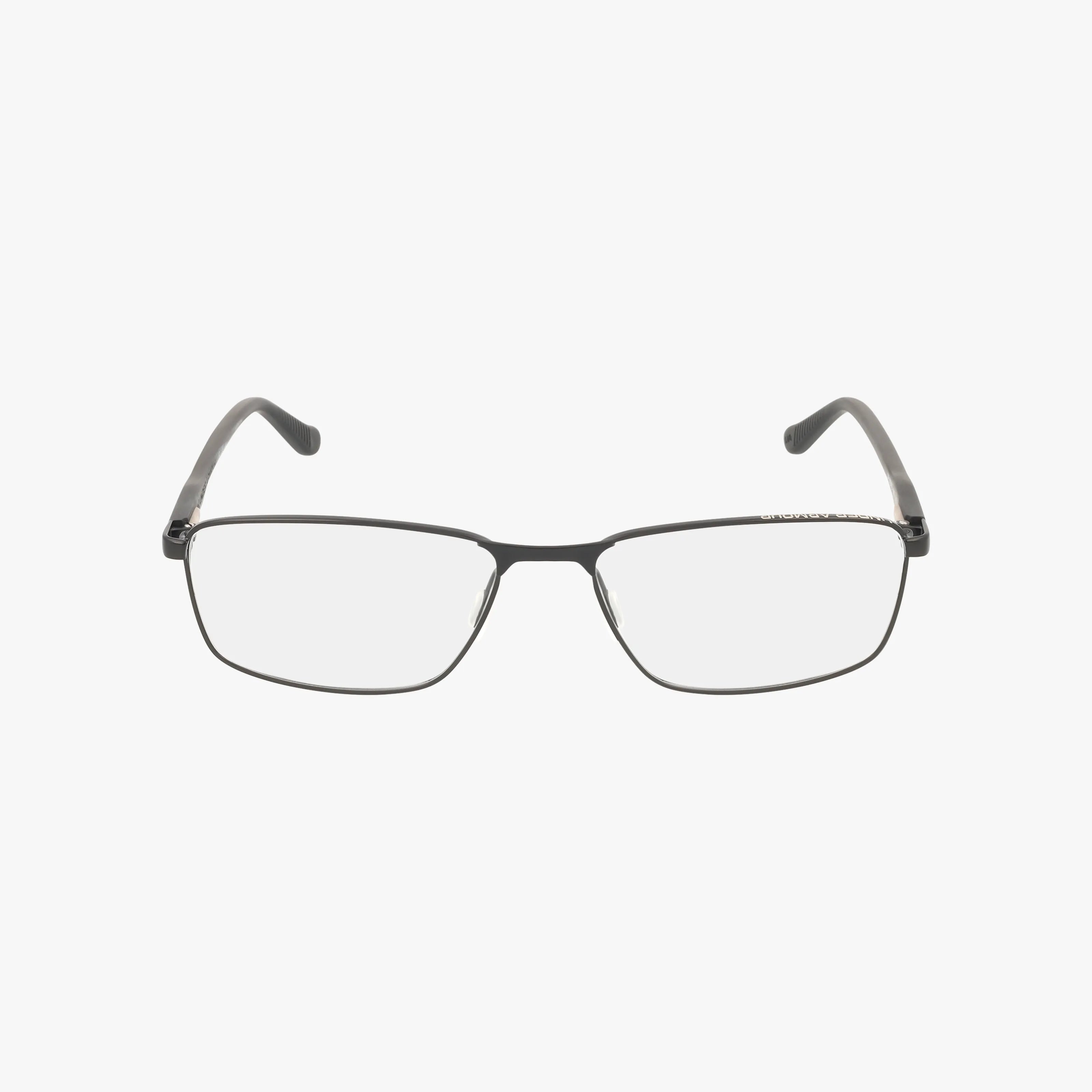 The Under Armour UA 5034/G features rectangular black-rimmed eyeglasses with clear prescription lenses and a minimalist frame, shown from the front on a white background.