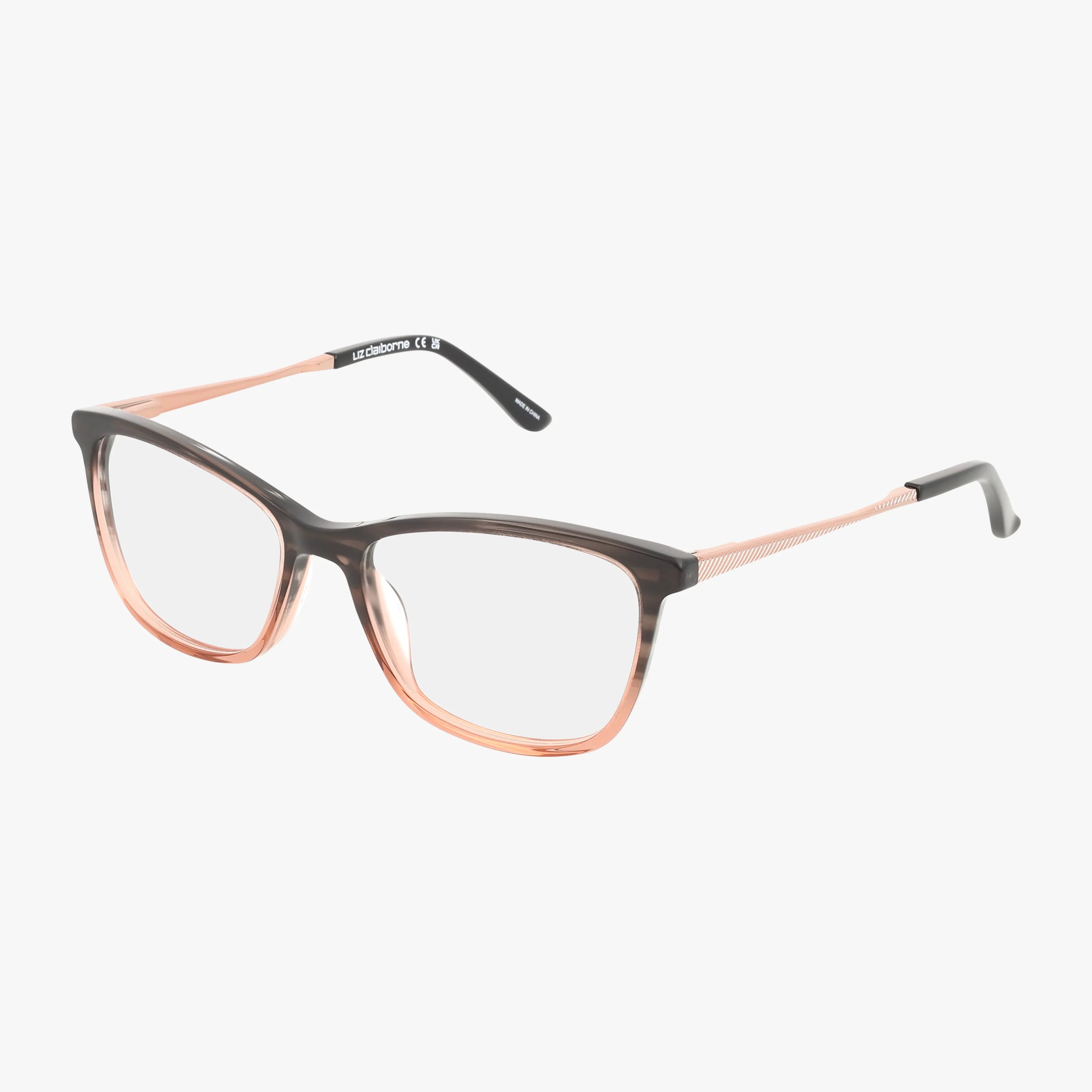 The Liz Claiborne L463 eyewear features stylish square frames in purple, with a dark upper rim fading into a light pink lower rim and temples—a versatile choice for prescription lenses, displayed on a plain white background.
