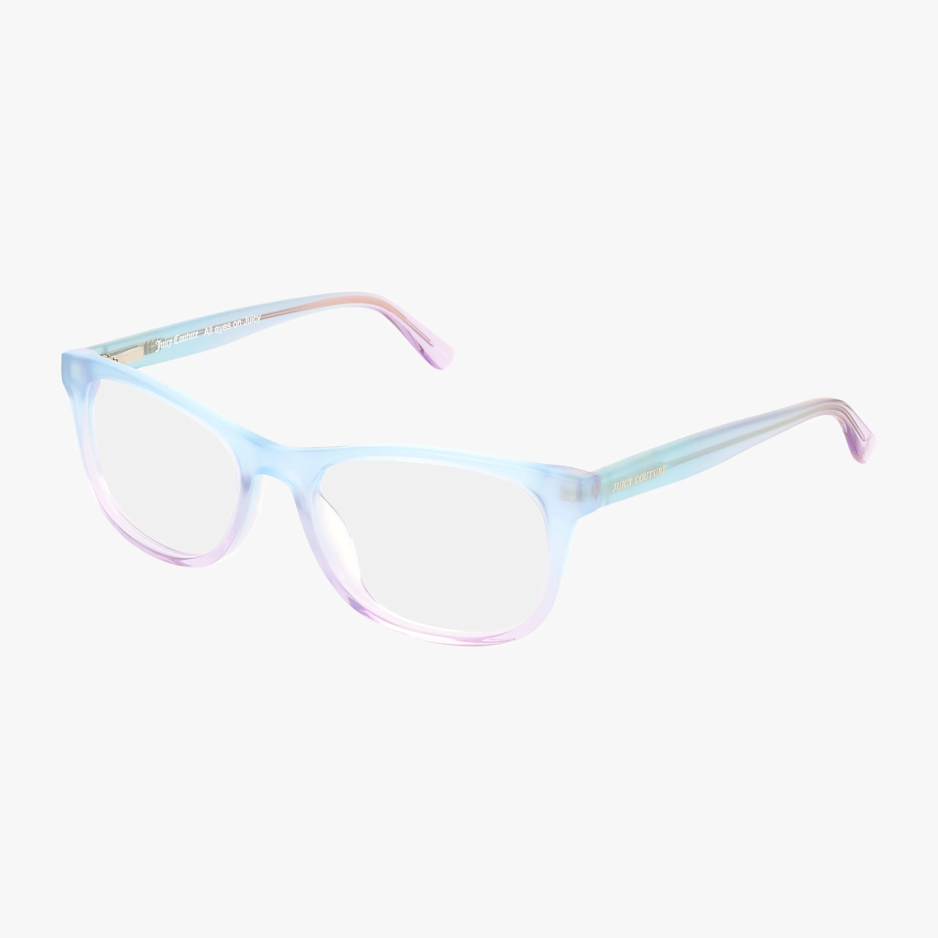 The Juicy Couture JU 312 eyeglasses feature a sleek, translucent blue frame with square lenses, shown on a white background.