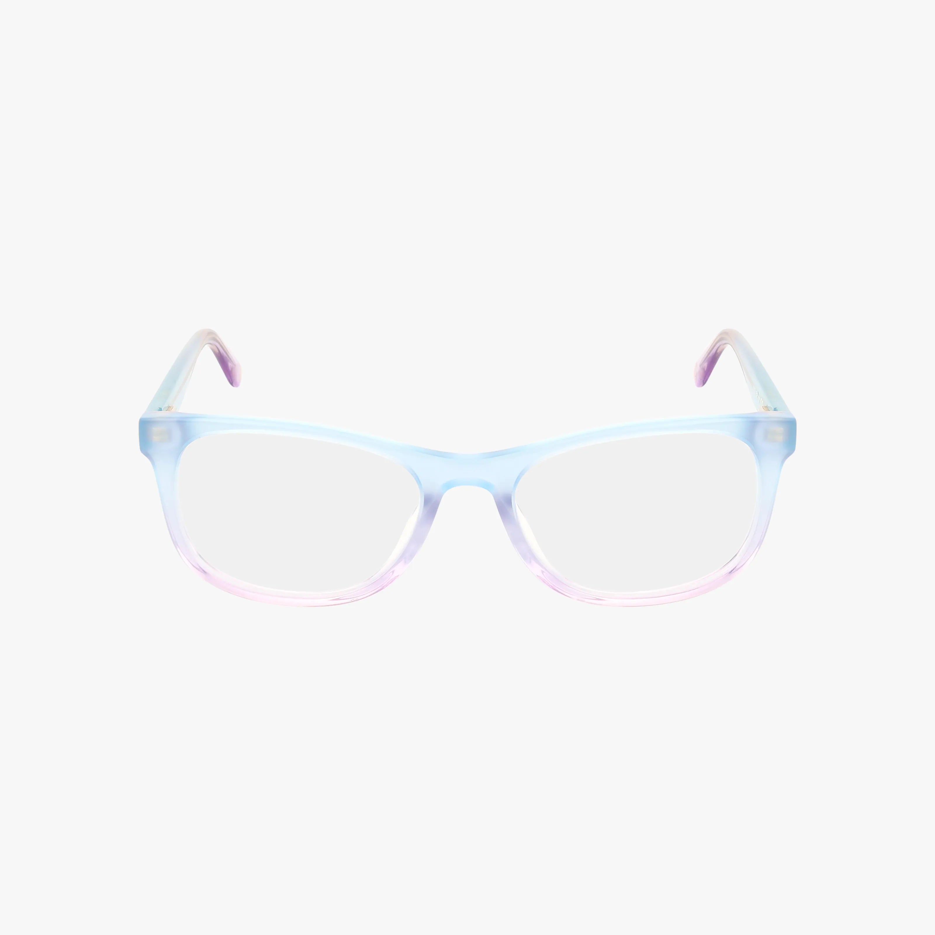 The Juicy Couture JU 312 eyeglasses feature a sleek, translucent frame that fades from light blue to light pink. Their lightweight design and plain white background emphasize the frames' versatile, stylish appeal.