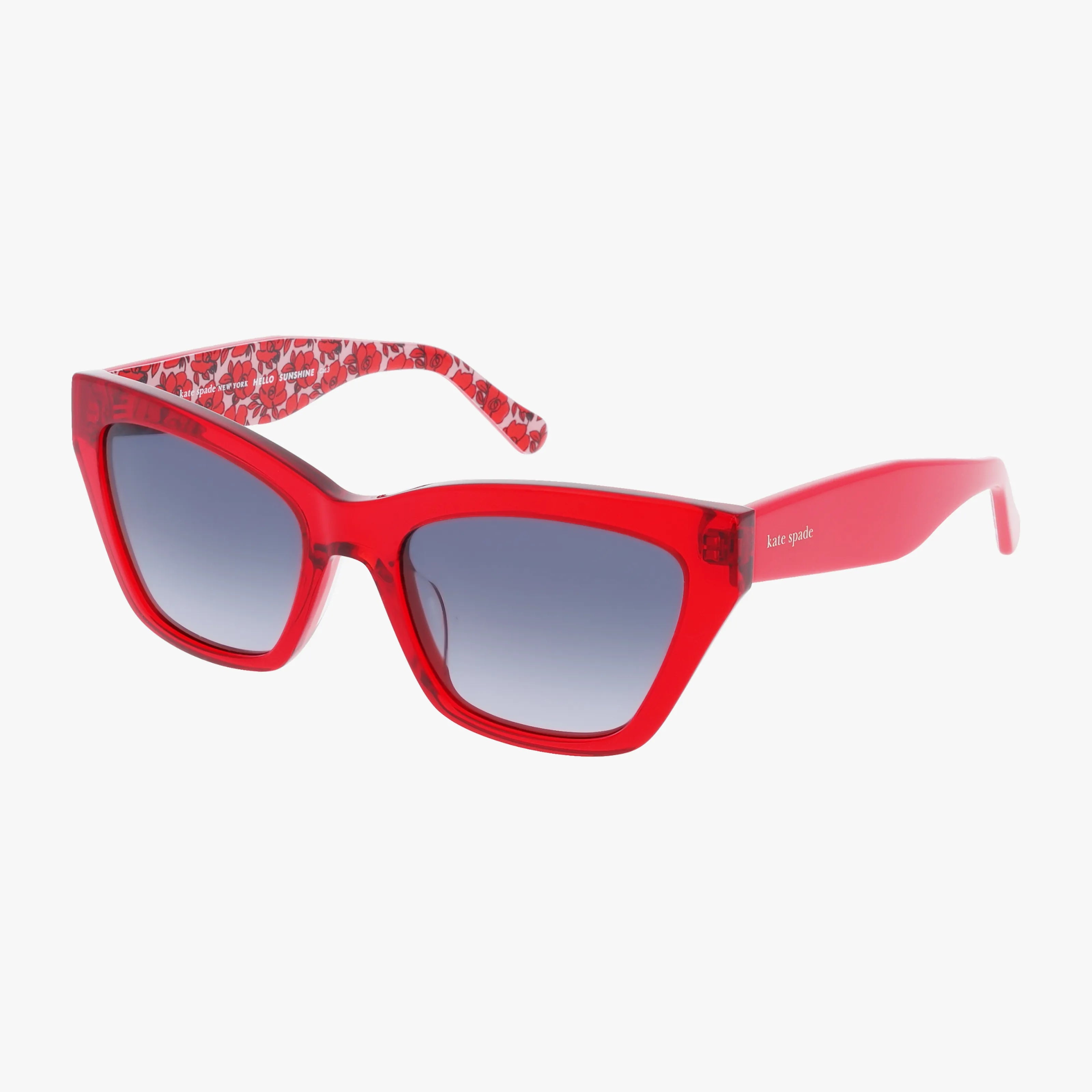 The Kate Spade FAY/G/S red cat-eye sunglasses feature gradient dark lenses, a lightweight frame, playful red and white dog print inside the arms, and subtle white kate spade branding on the outside.