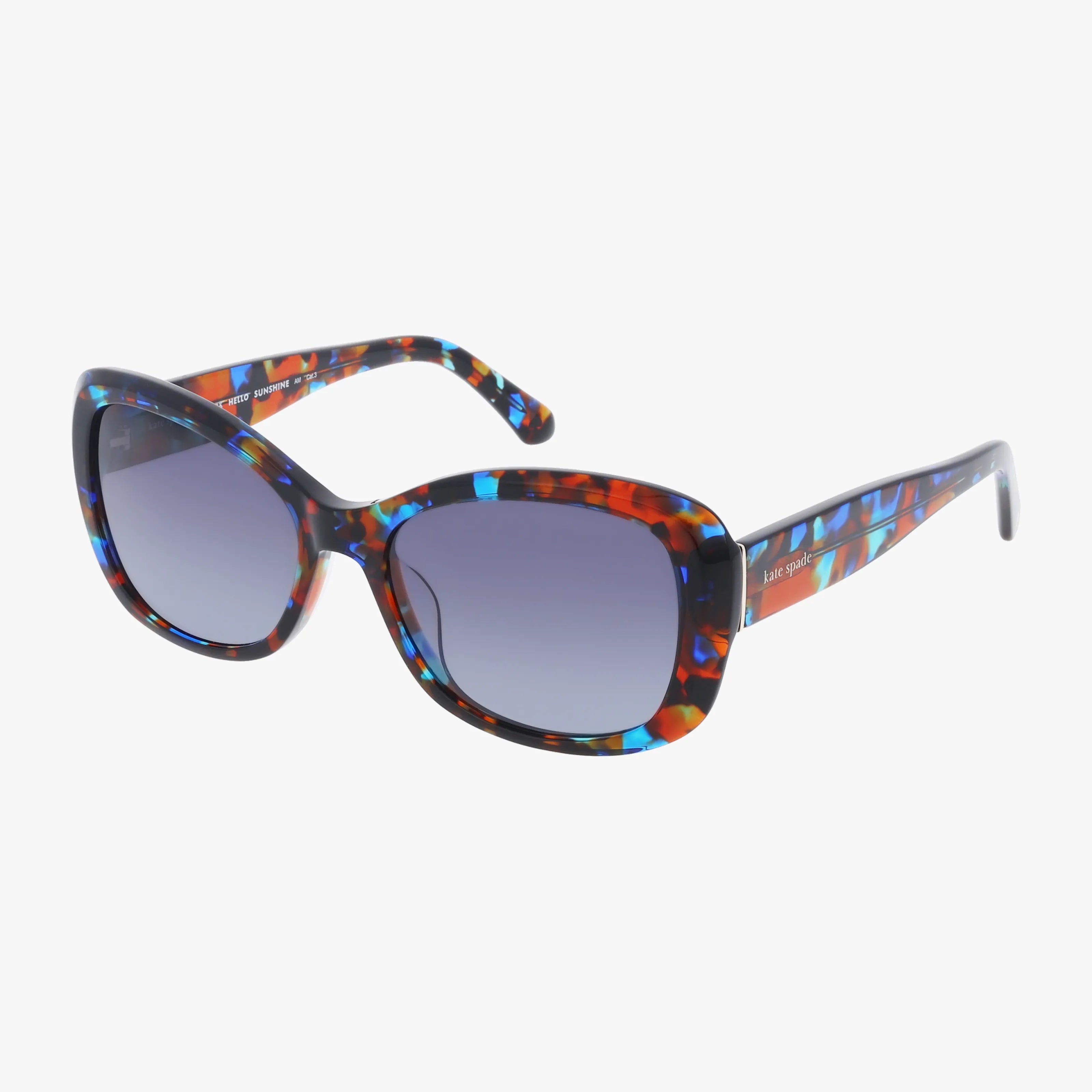 The Kate Spade ELOWEN/G/S sunglasses feature large, rounded square lenses with a colorful blue, red, and orange tortoiseshell pattern and gradient tint—delivering stylish UV protection for your eyes.
