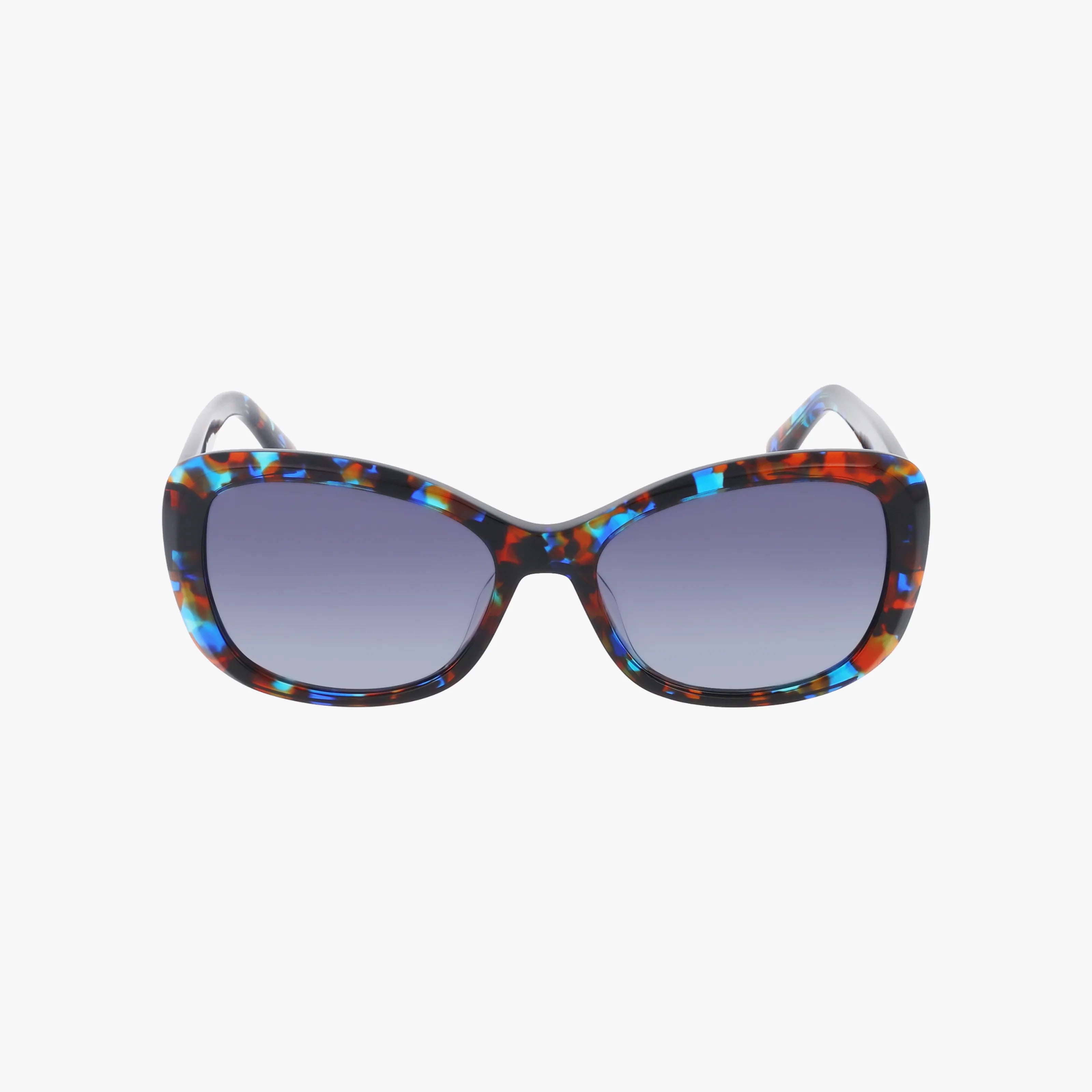 Front view of Kate Spade ELOWEN/G/S cat-eye sunglasses featuring a multicolored tortoiseshell frame and blue gradient lenses for stylish UV protection, displayed on a white background.