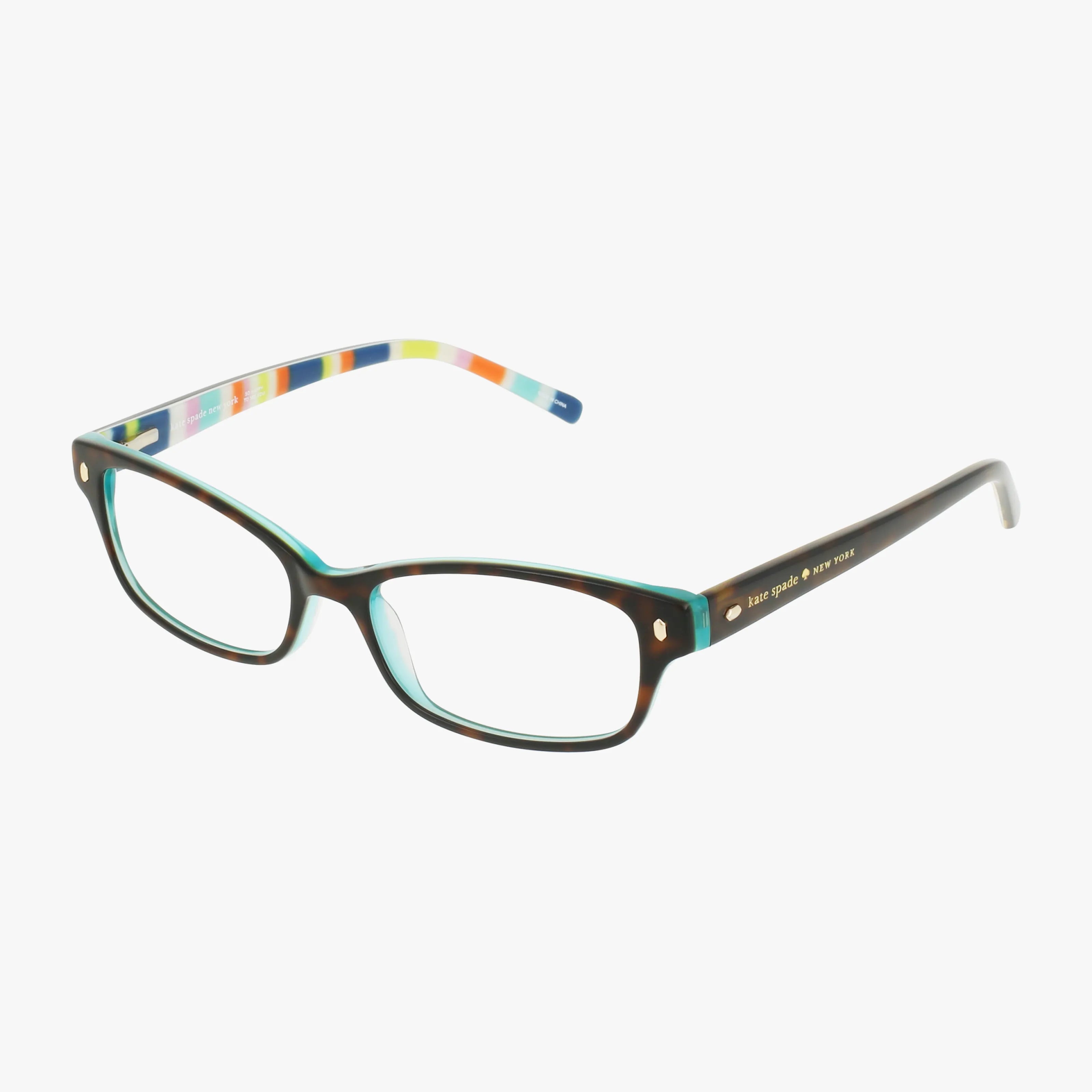 Kate Spade LUCYANN eyeglasses feature a bold rectangular dark tortoiseshell frame, turquoise inner rims, and multicolored striped arms with gold text on the left. Compatible with progressive lenses, shown on a white background.