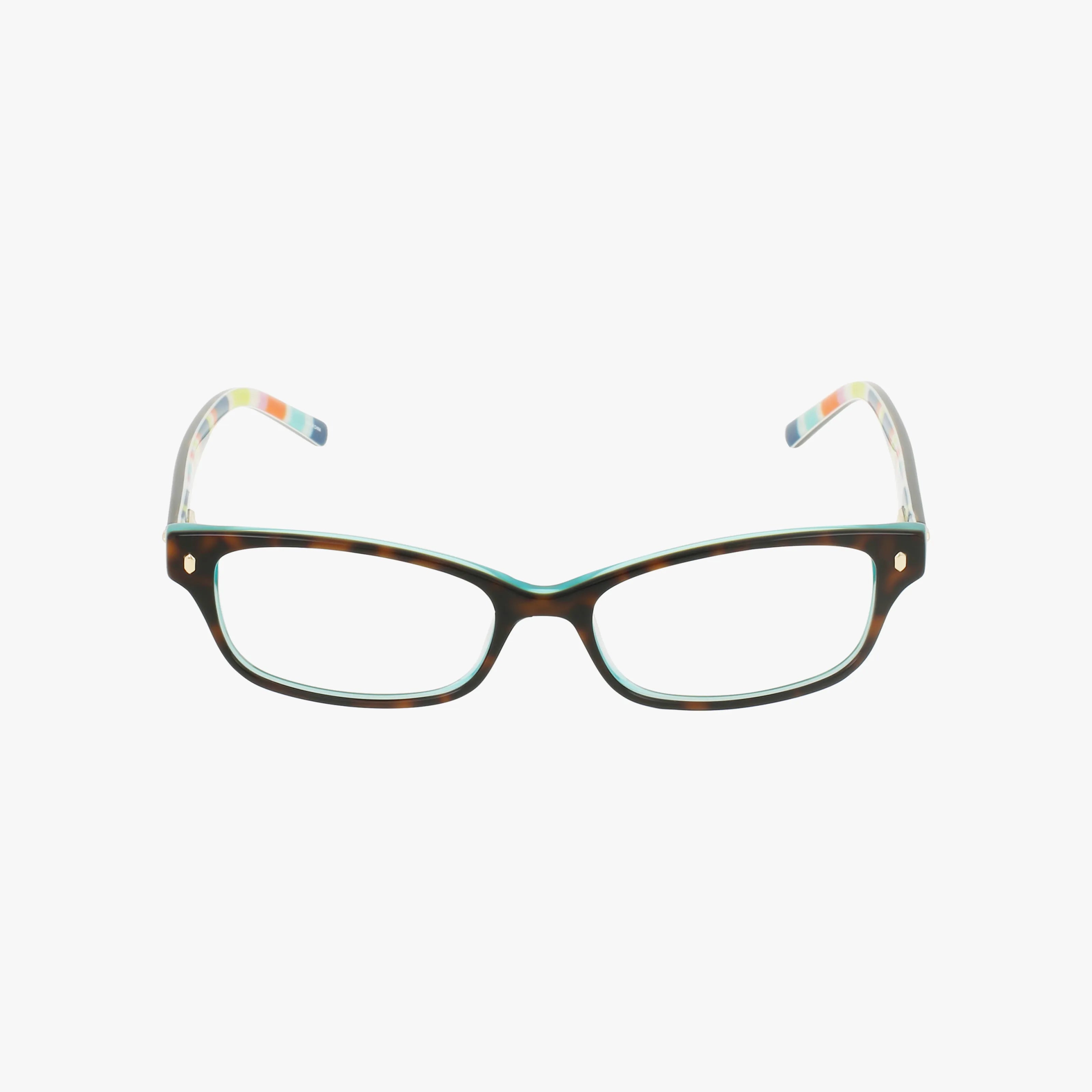 The Kate Spade LUCYANN eyeglasses feature a bold, dark tortoiseshell rectangular frame with colorful patterned arms, creating a sleek look against a plain white background.
