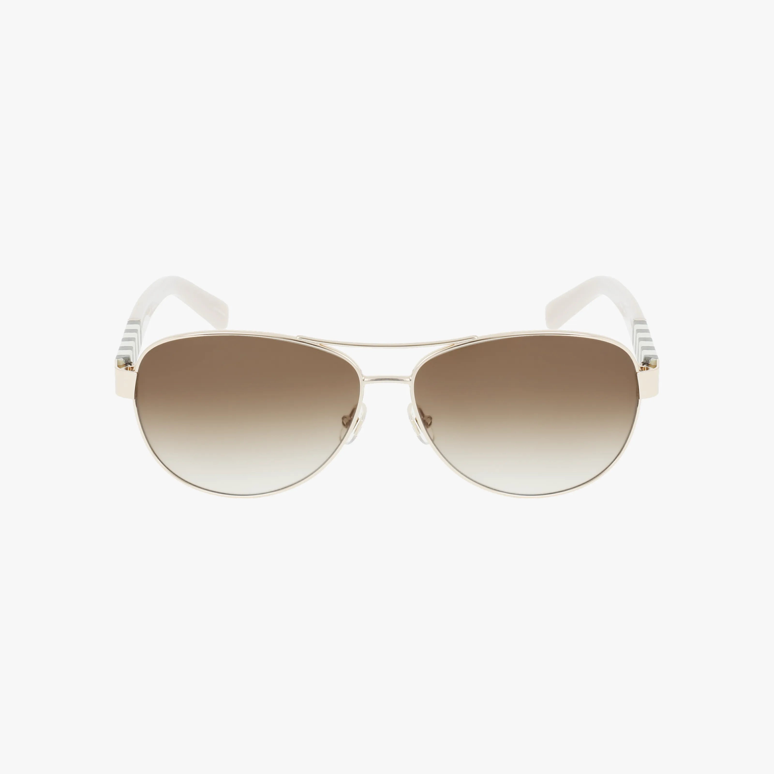 Front view of Kate Spade DALIA/S US aviator sunglasses featuring gold metal frames, brown gradient lenses, and white temples—perfect for outdoor adventures—set against a plain white background.