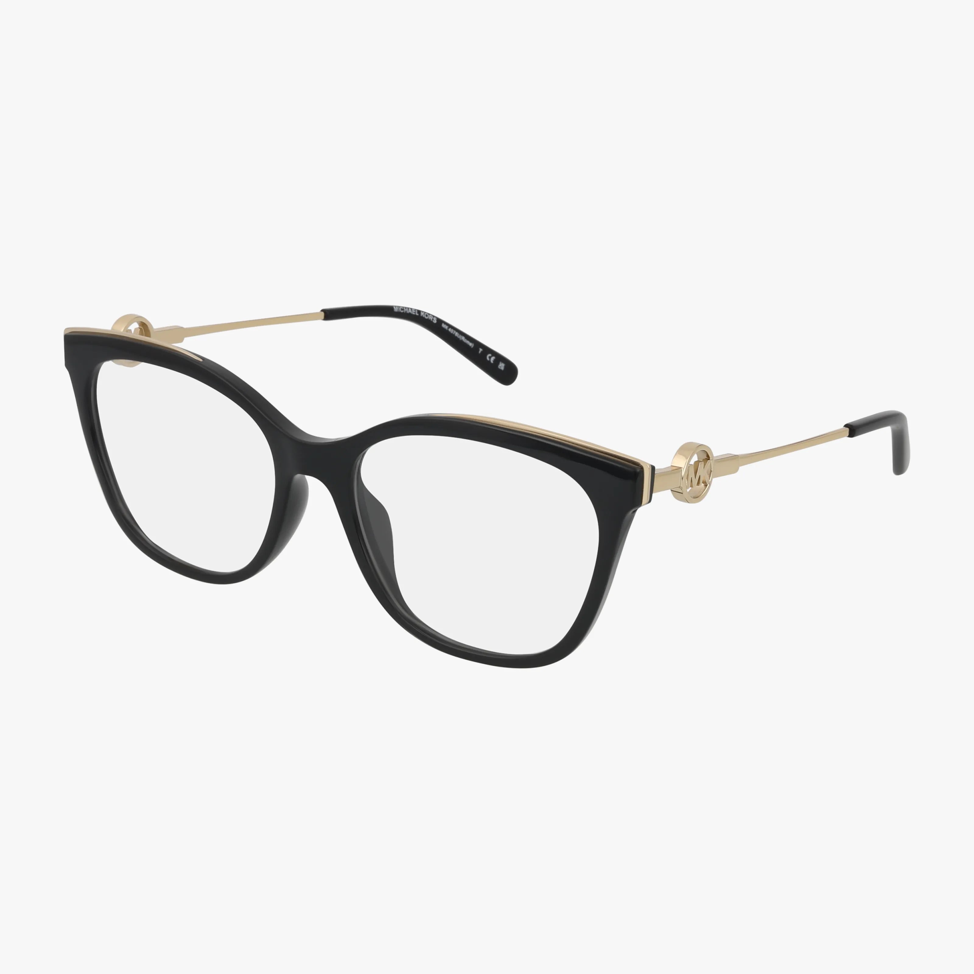 The Michael Kors MK4076U eyeglasses feature black rounded square frames, gold metal arms, and the signature logo on each temple. A blend of thick black plastic and slim gold metal gives them a modern, stylish appeal.