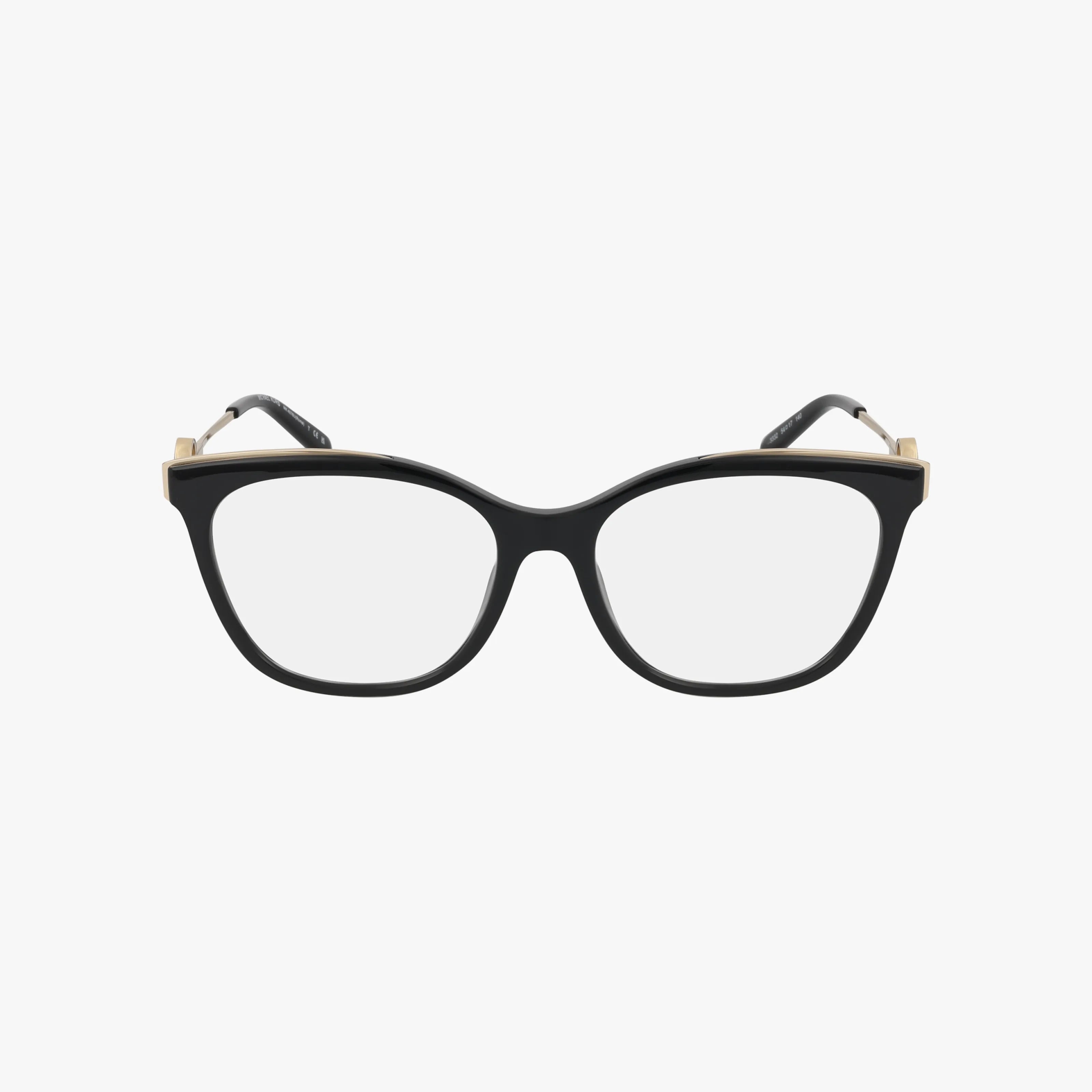 The Michael Kors MK4076U features black cat-eye frames with clear lenses and gold top-corner accents, a sleek metal design, and gently curved arms, shown against a white background.