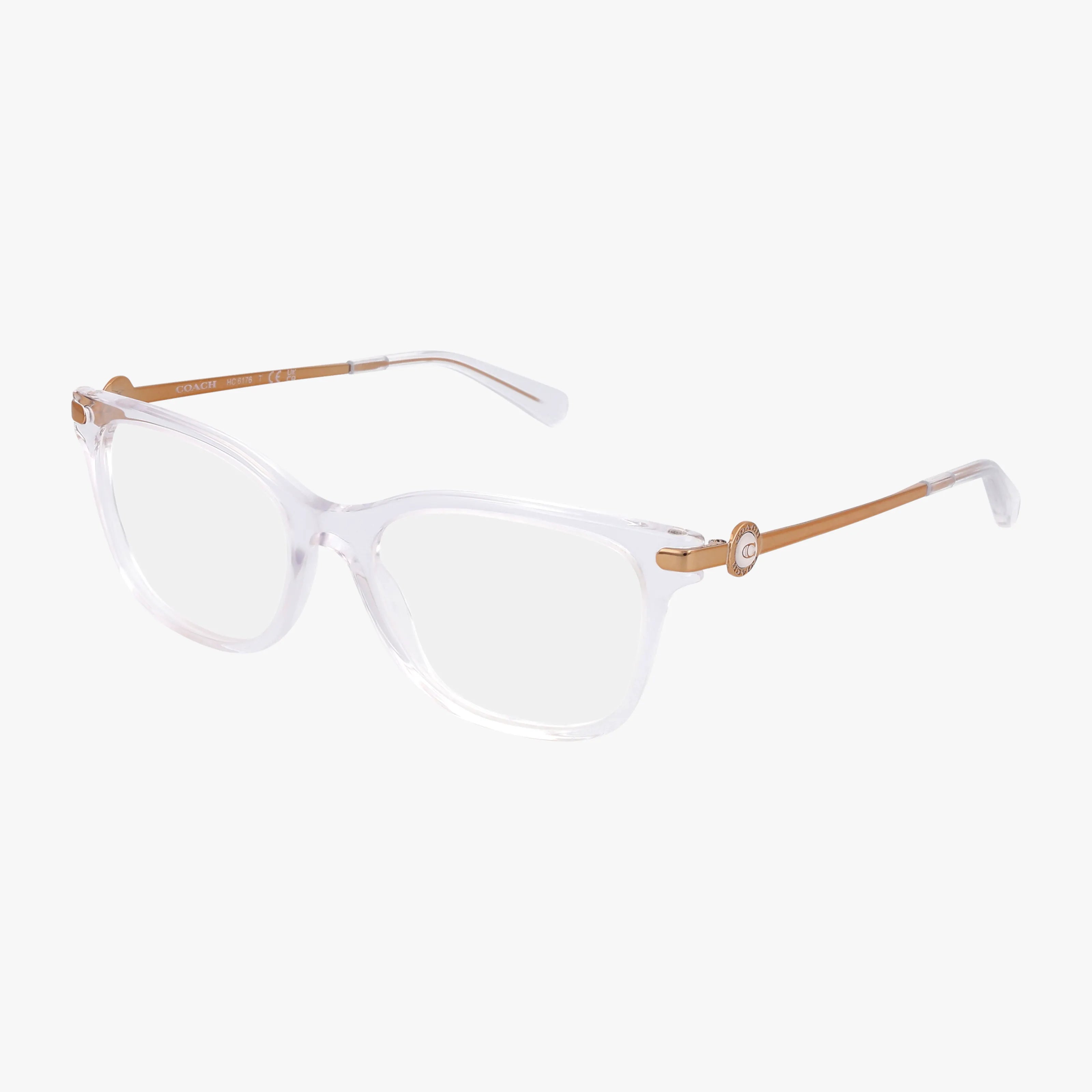 Coach HC6176 eyeglasses feature a clear rectangular frame with transparent fronts, light tan temples, and a small circular metallic accent near the hinges, combining chic style and elegance. Displayed on a plain white background.