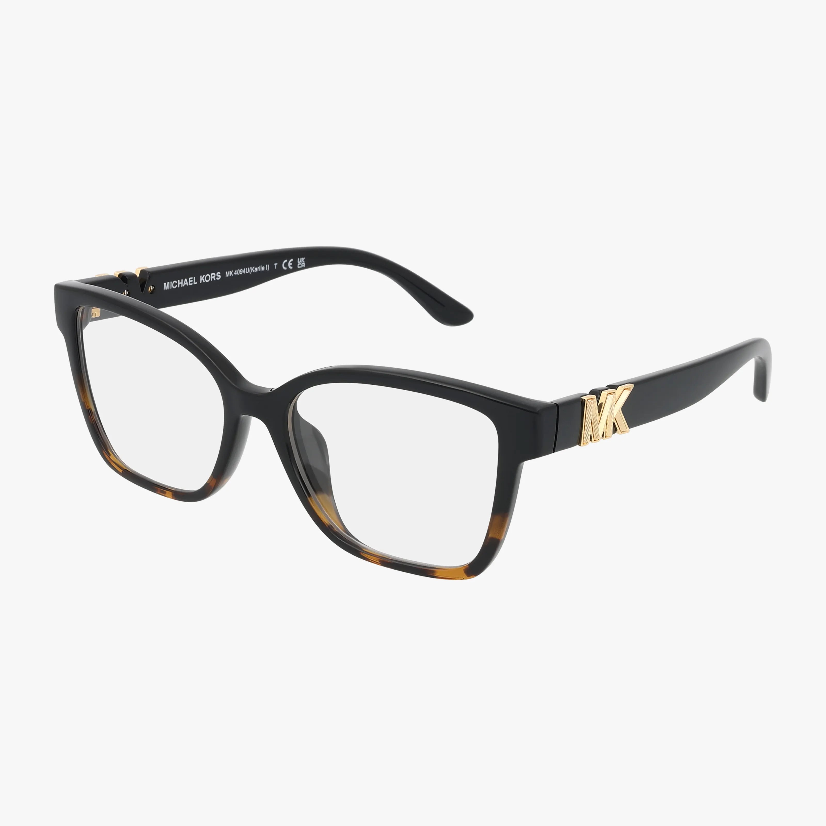 The Michael Kors MK4094U features a contemporary black frame with rectangular lenses, tortoiseshell accents on the bottom rims, and a gold MK logo detail on the temple.