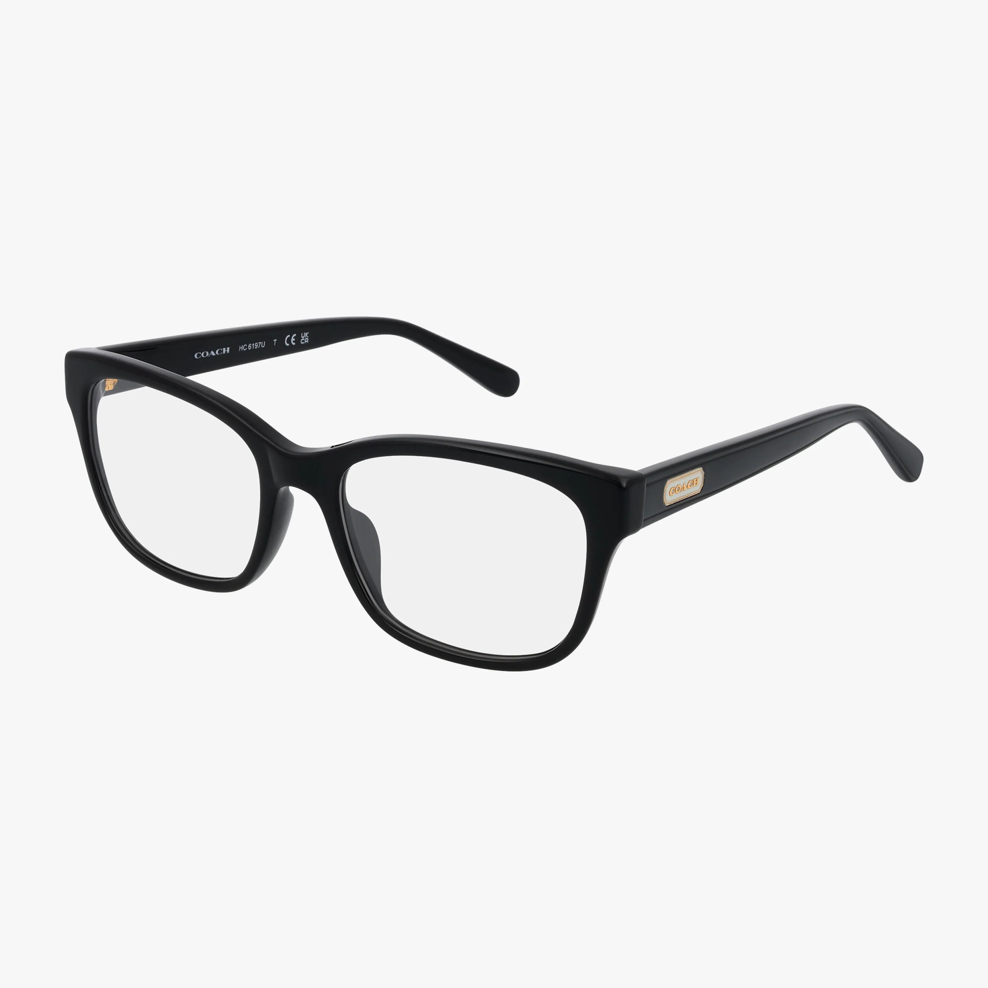 Coach HC6197U black rectangular eyeglasses feature clear lenses and a durable frame. A small gold-colored Coach label on the arms near the hinges enhances their modern look. Displayed at an angle against a white background.