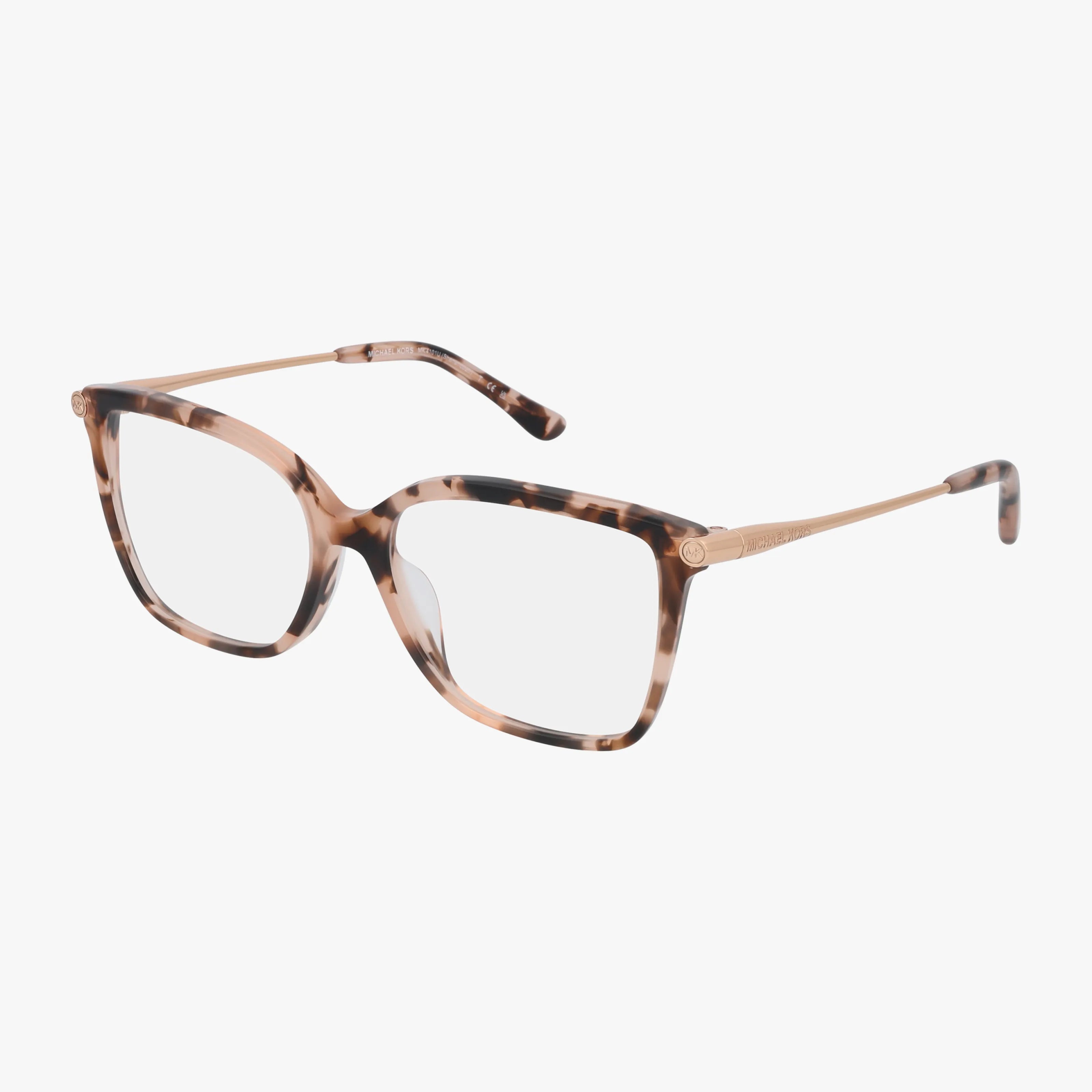 Michael Kors MK4101U features a chic tortoiseshell square frame with slim gold metal temples, delivering lasting elegance and standout style. Displayed on a white background.