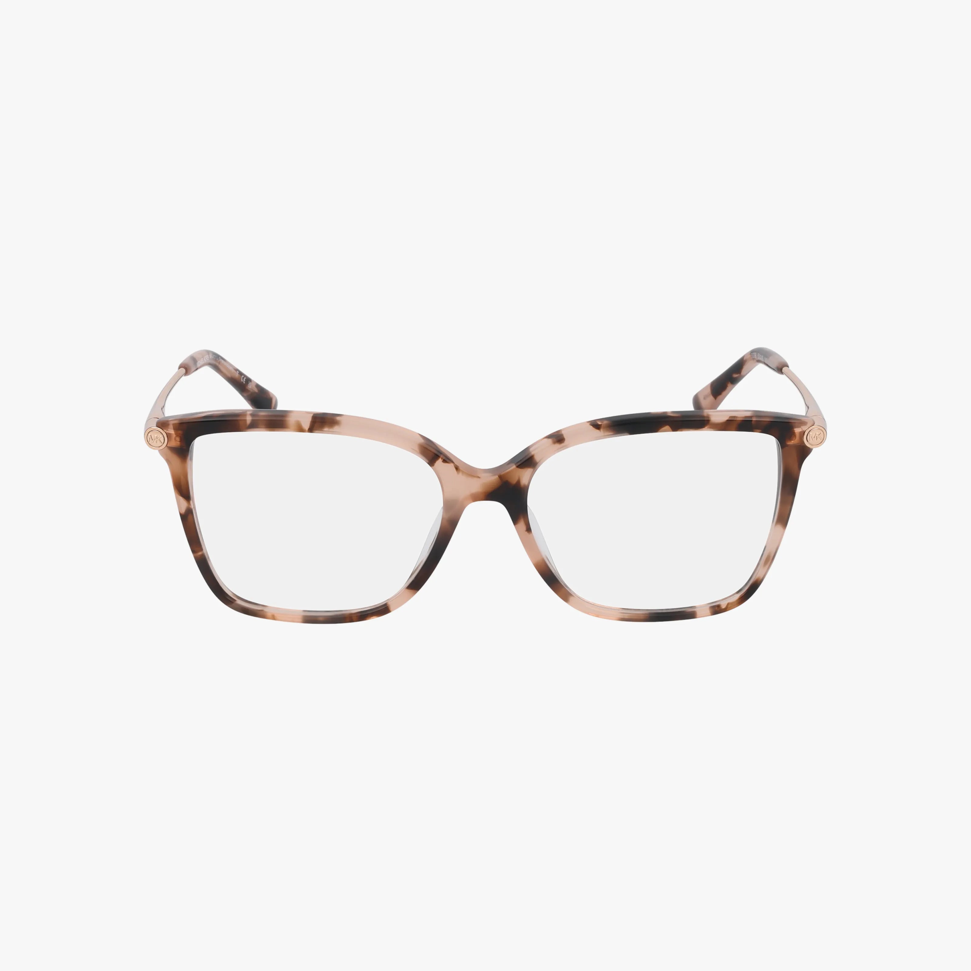 The Michael Kors MK4101U eyeglasses feature a tortoiseshell pattern and a rectangular cat-eye shape with clear lenses and angled arms, offering lasting elegance. This chic frame is shown on a white background.
