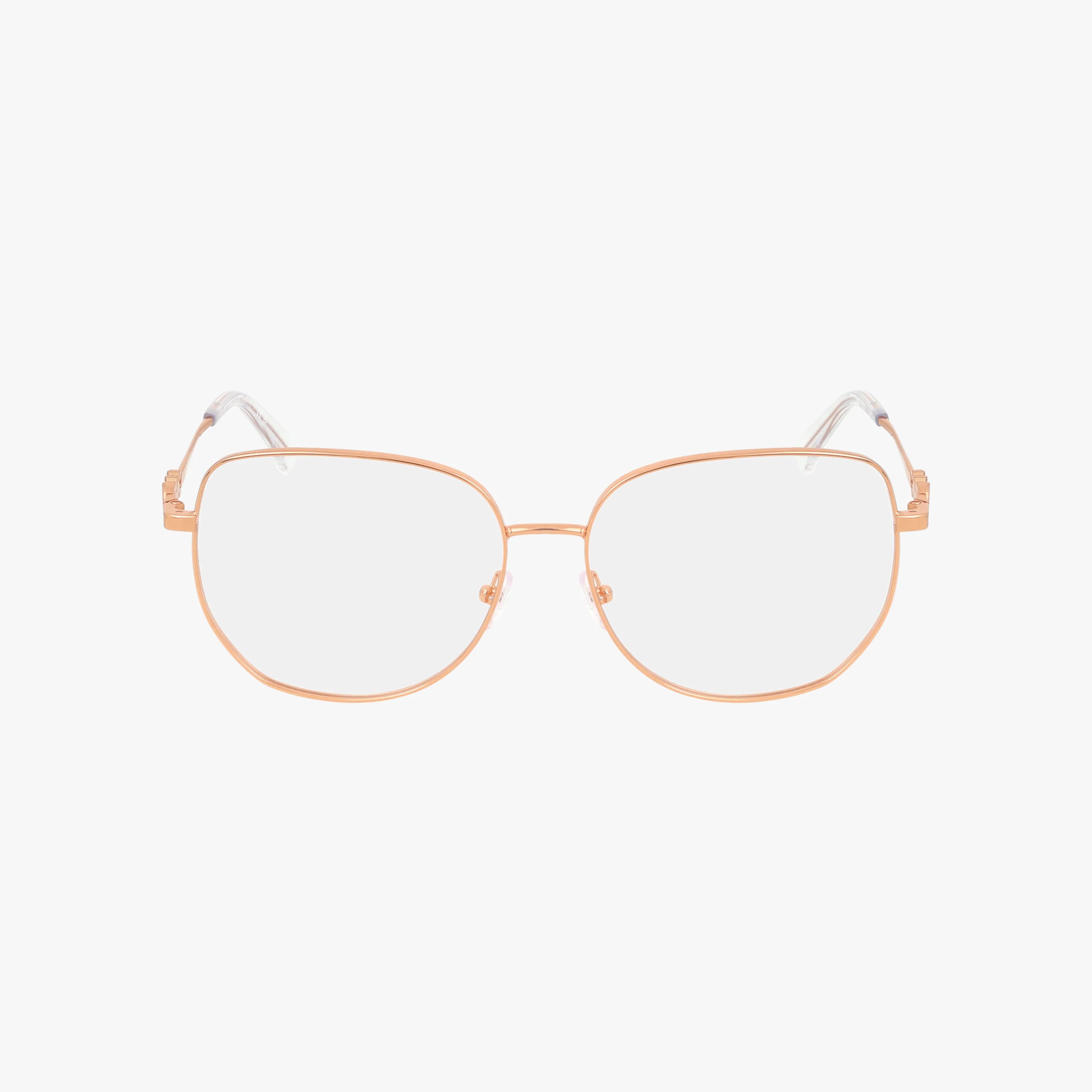The Michael Kors MK3062 eyeglasses feature a chic gold metal frame with thin square lenses and clear nose pads, offering lasting elegance. Displayed on a plain white background.