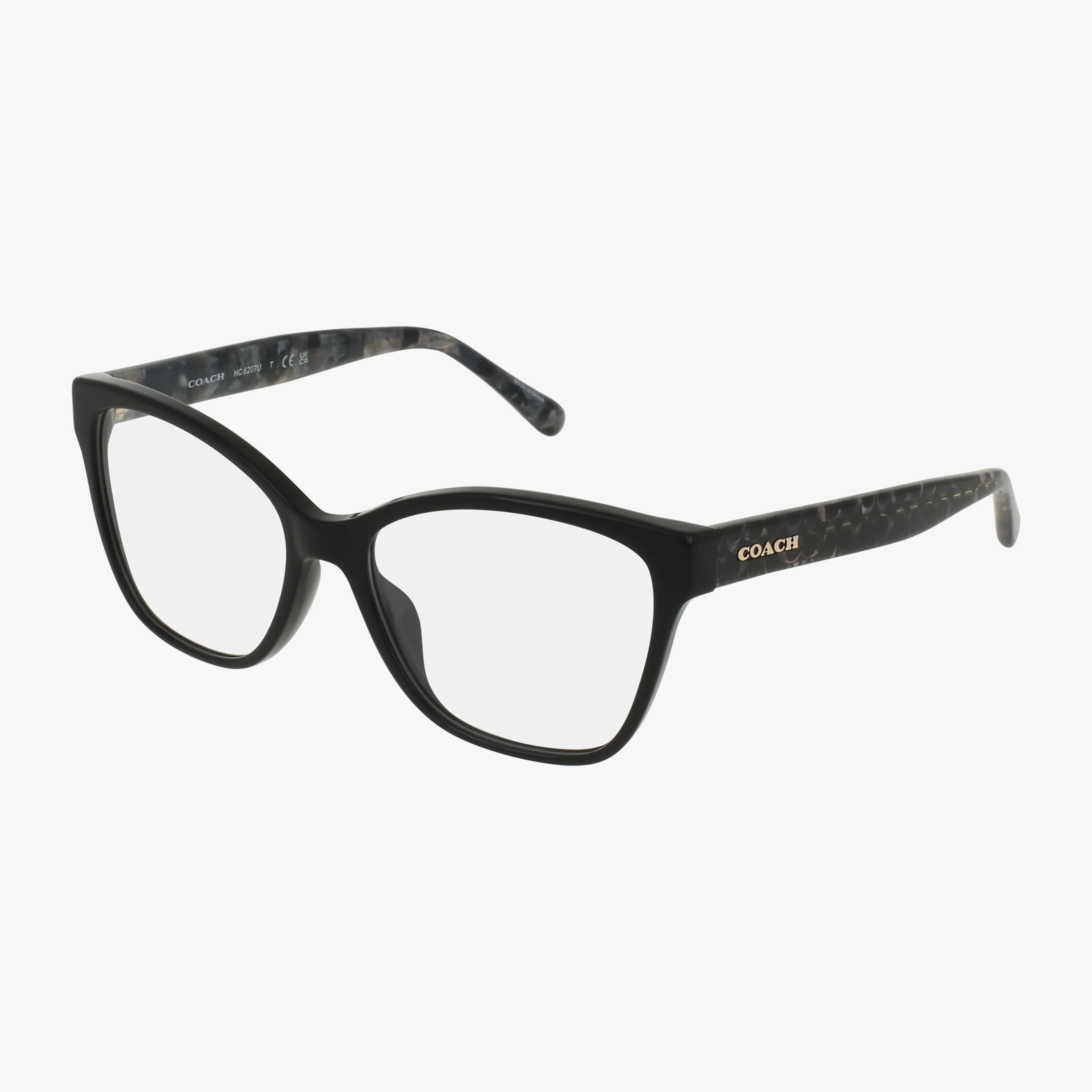 The Coach HC6207U eyeglasses feature black rectangular frames, clear lenses, gold Coach logos on the temple arms, and a subtle marbled arm pattern for added style.