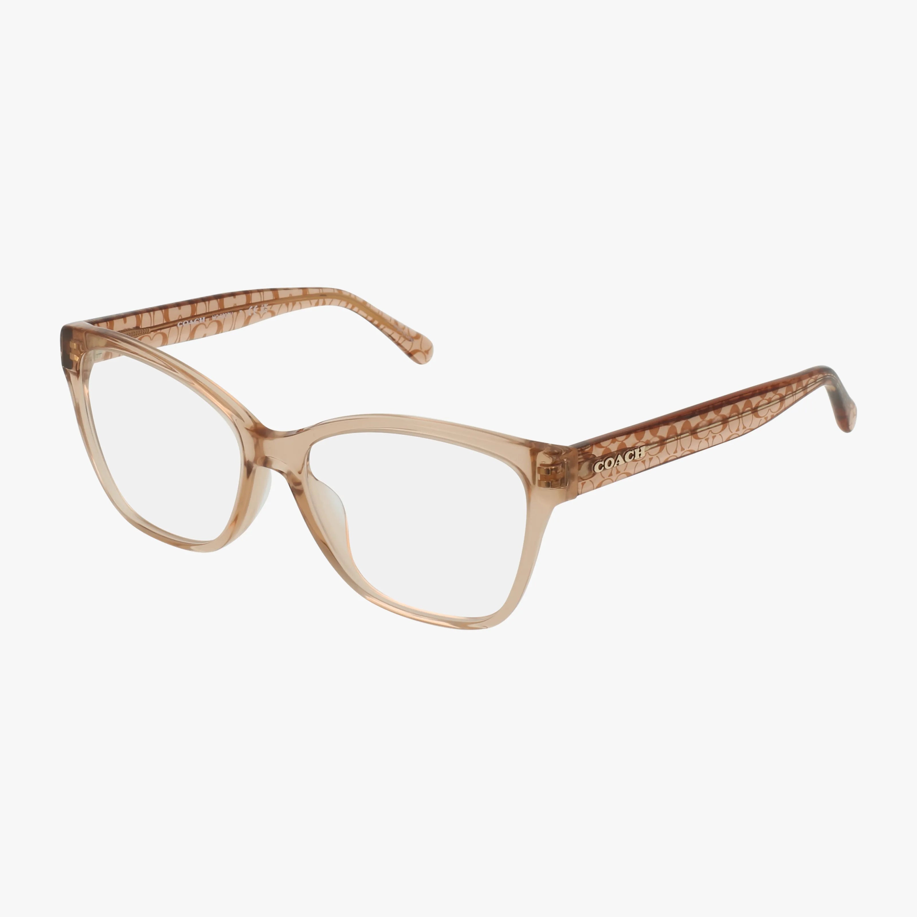 The Coach HC6207U eyeglasses feature a translucent beige rectangular frame with textured arms and the iconic logo, offering clear lenses and a chic, versatile style for any eyewear lover.
