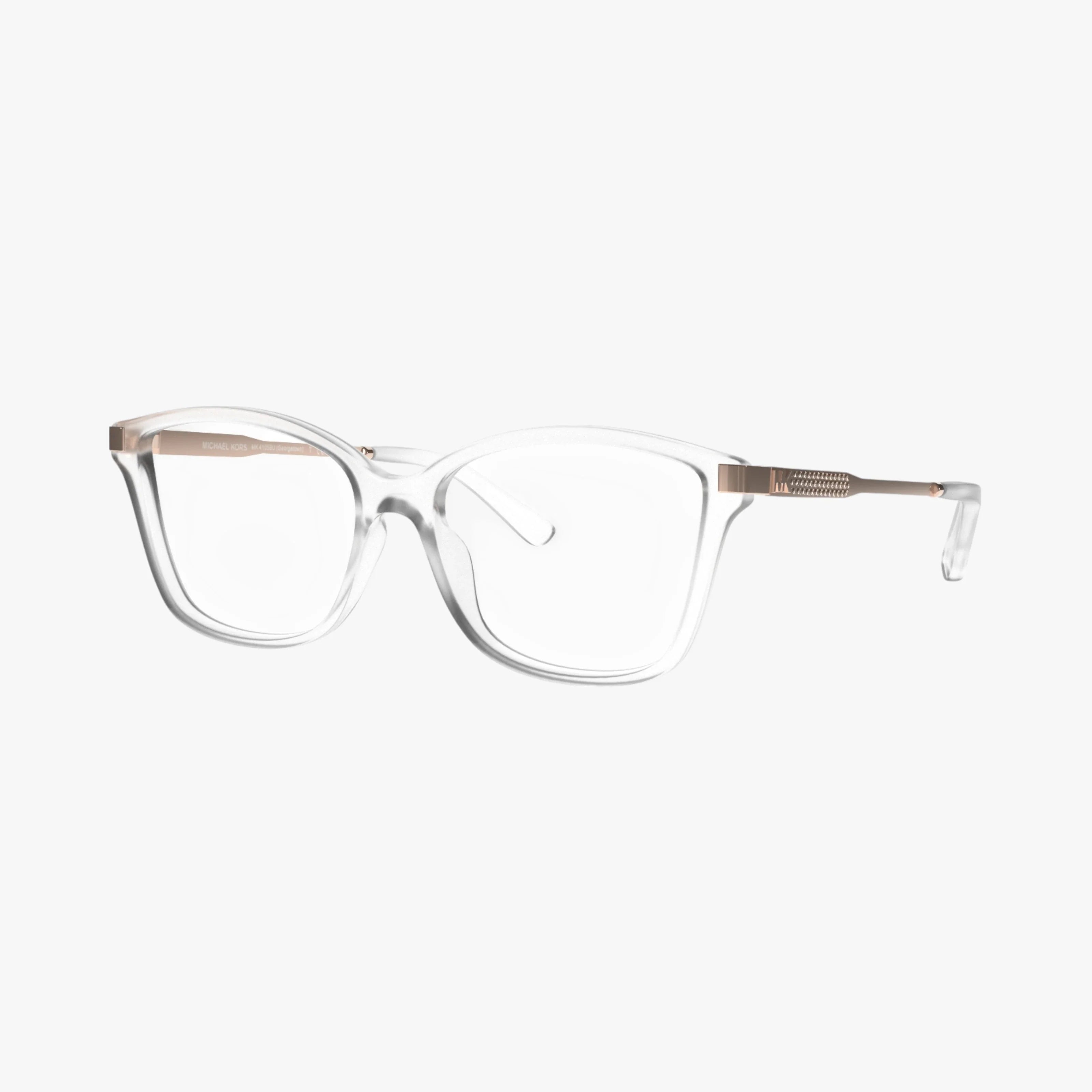 The MK4105BU by Michael Kors features clear rectangular frames with slim metallic gold temples, offering a modern, elegant look. Inspired by Michael Kors eyewear, this stylish frame is showcased on a white background.
