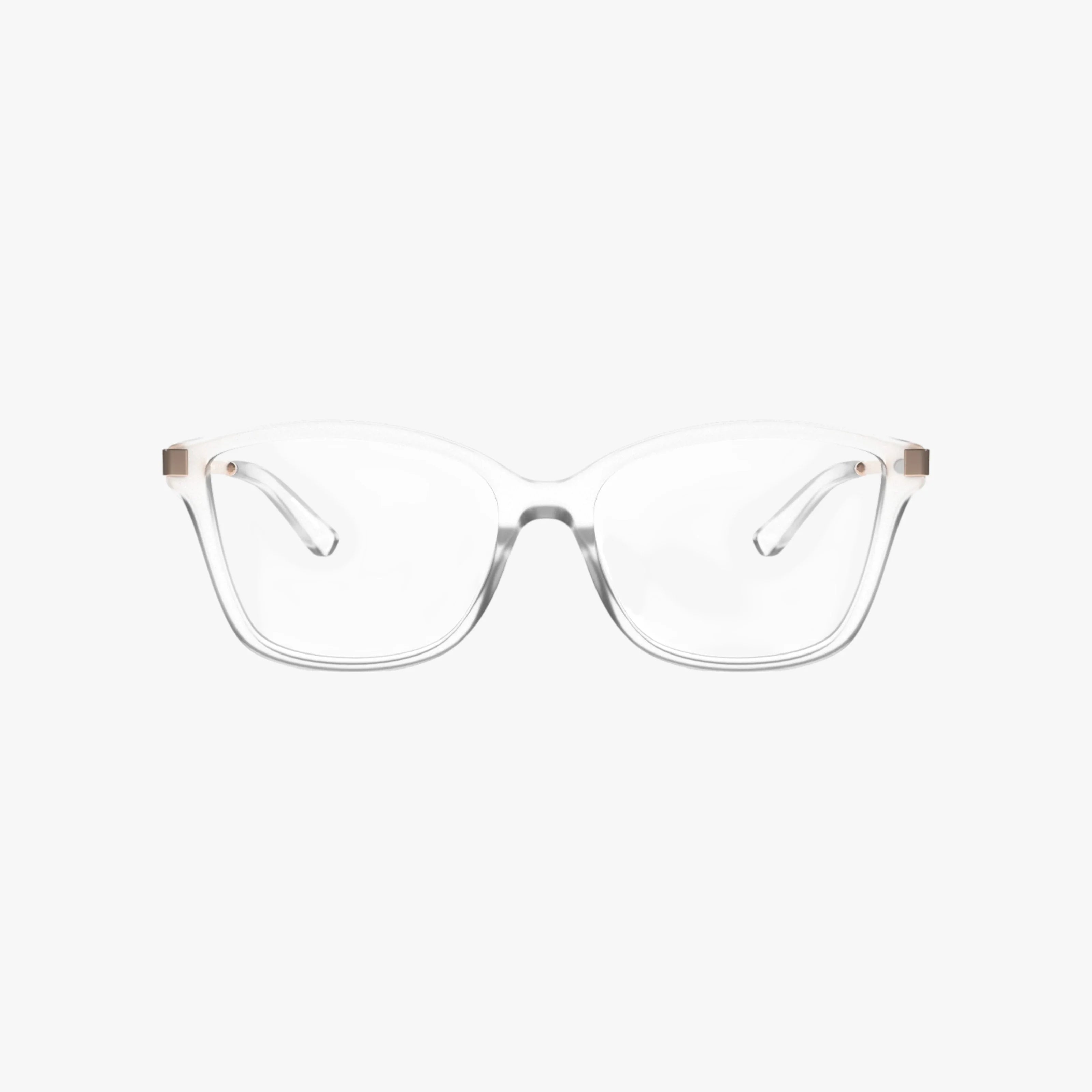 The Michael Kors MK4105BU features transparent rectangular lenses and clear frames, shown front-facing on a white background—a stylish eyewear choice to elevate your look.