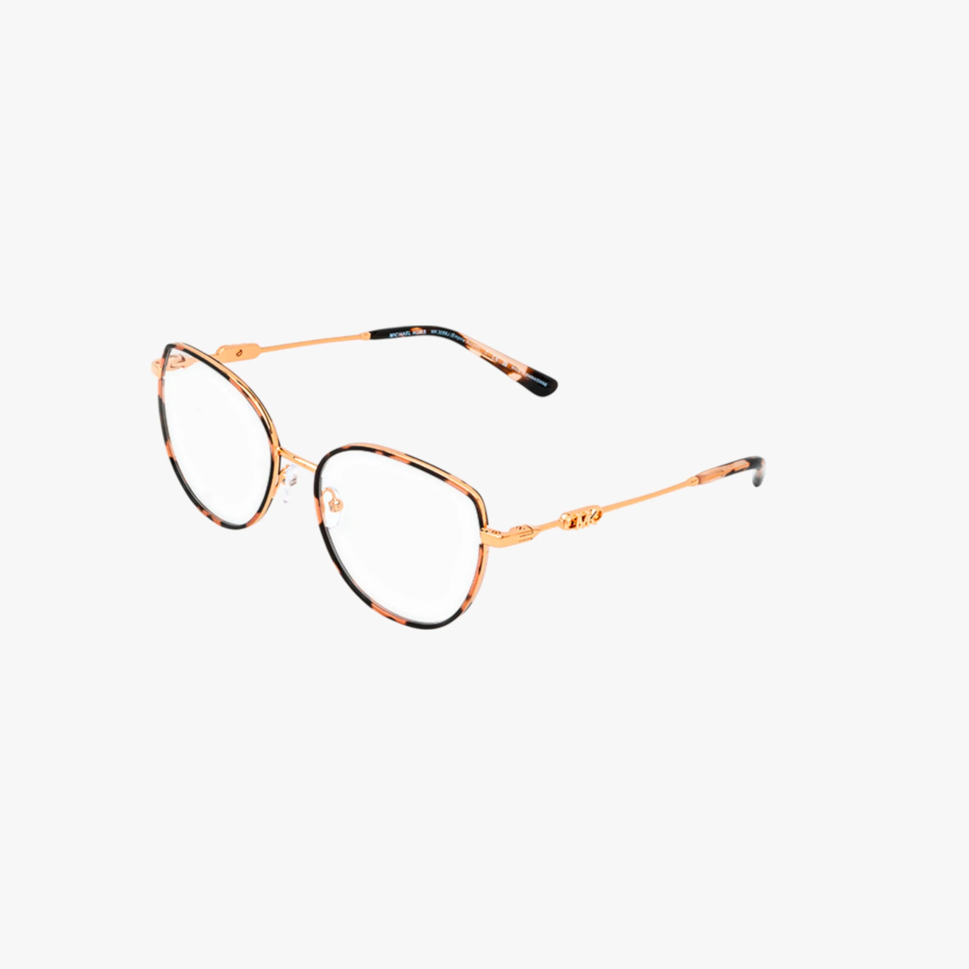 The Michael Kors MK3066J features round eyeglasses with a polished gold metal frame and tortoiseshell-patterned rims, blending style and durability. Displayed on a plain white background.
